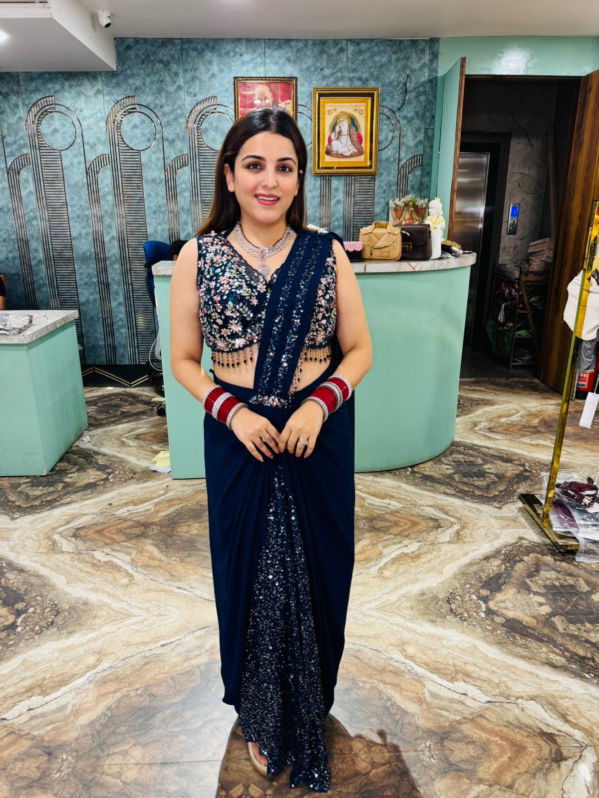 Midnight Bloom Sequin Pre-Draped skirt and blouse – Riya Closet India
