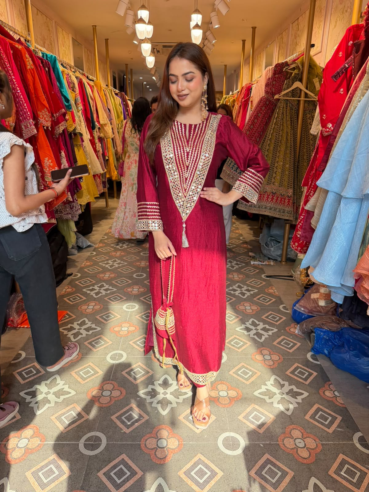 Embellished Straight Kurta Set with Tassel