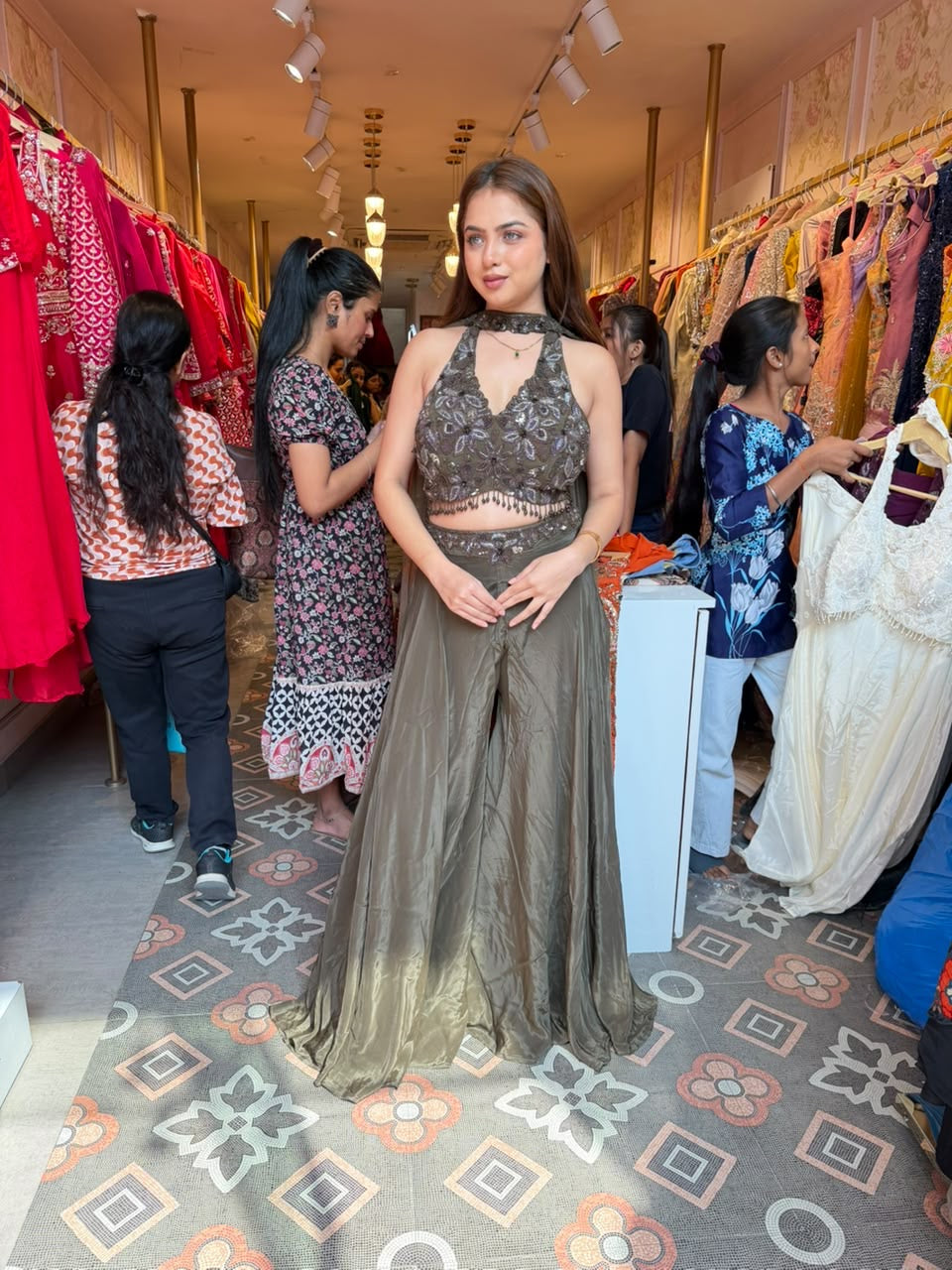 Olive Grey Metallic Lehenga Set