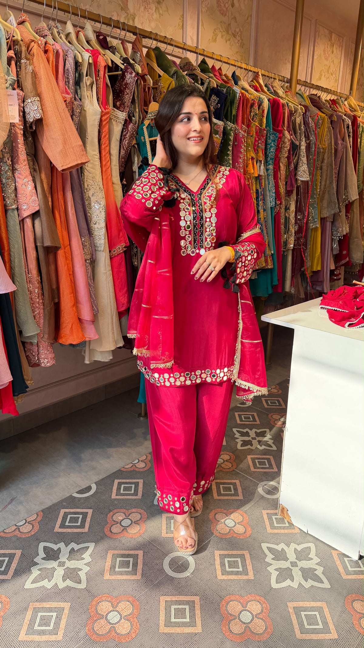 Fuchsia Pink Mirror-Work Kurta with Cigarette Pants Set