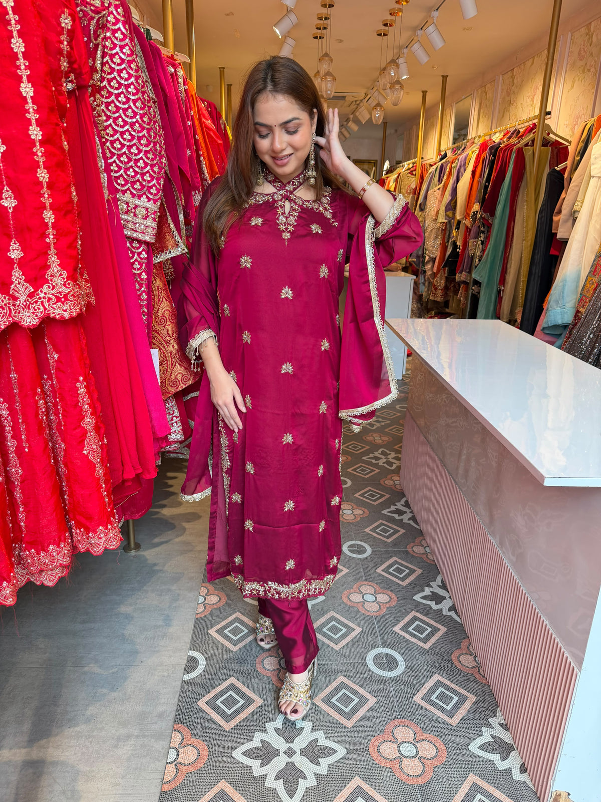 Wine Magenta Embroidered Straight-Cut Suit Set