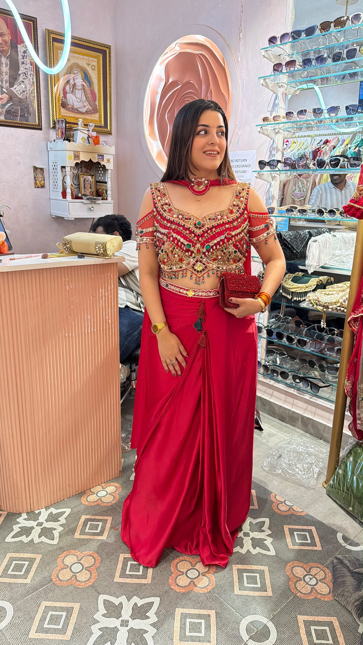 Red Embellished Cold-Shoulder Crop Top with Draped Palazzo Pants