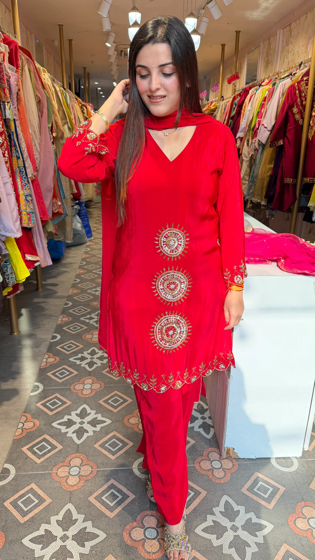 Embroidered Straight-Cut Kurta with Cigarette Pants & Dupatta