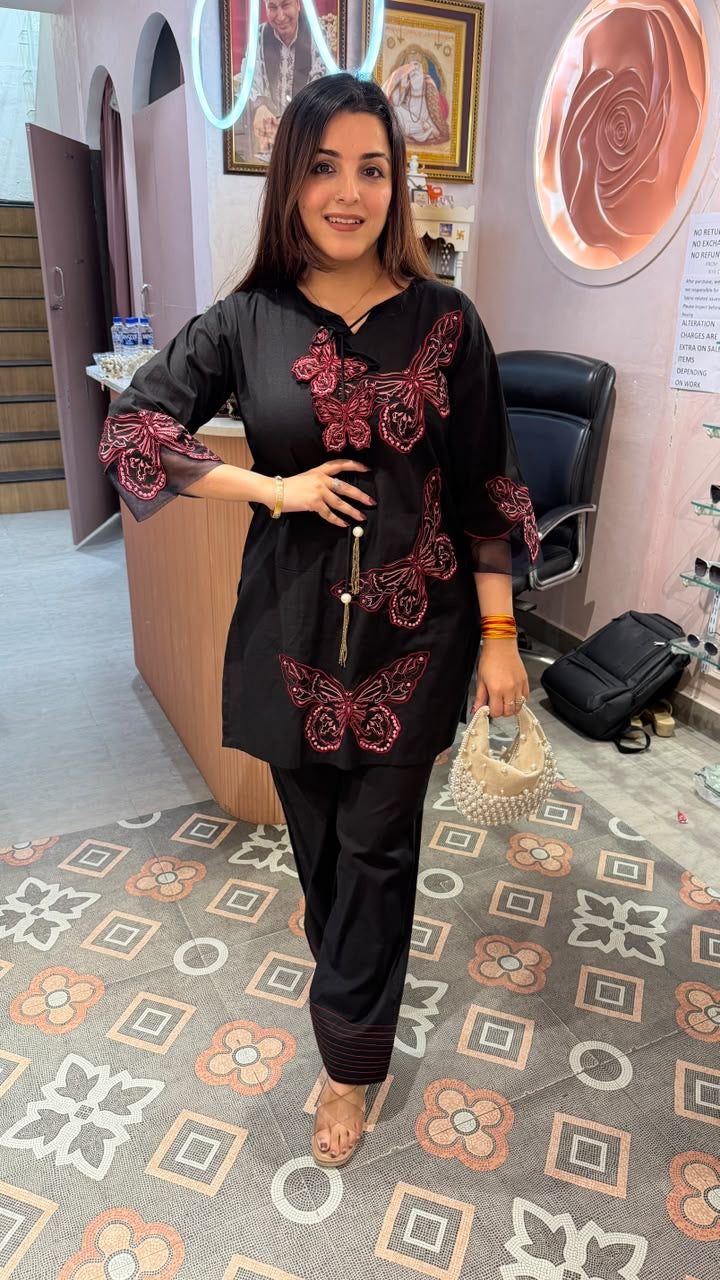 Untitled Black Embroidered Butterfly Motif Kurta Pant Set