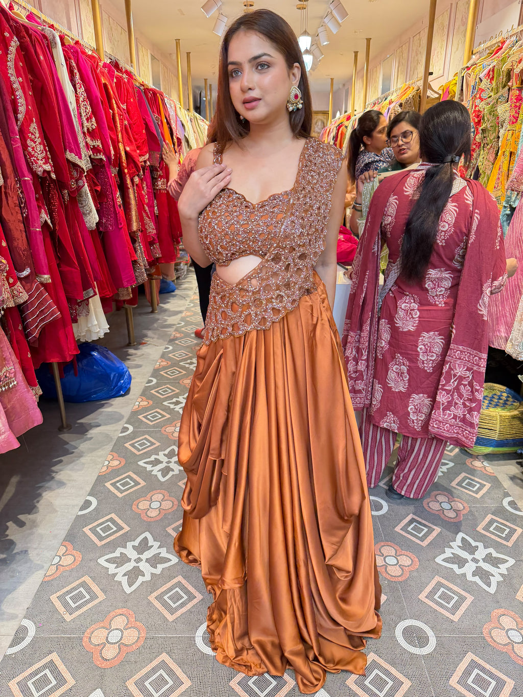 Copper Bronze Draped Lehenga with Embellished Asymmetric Blouse