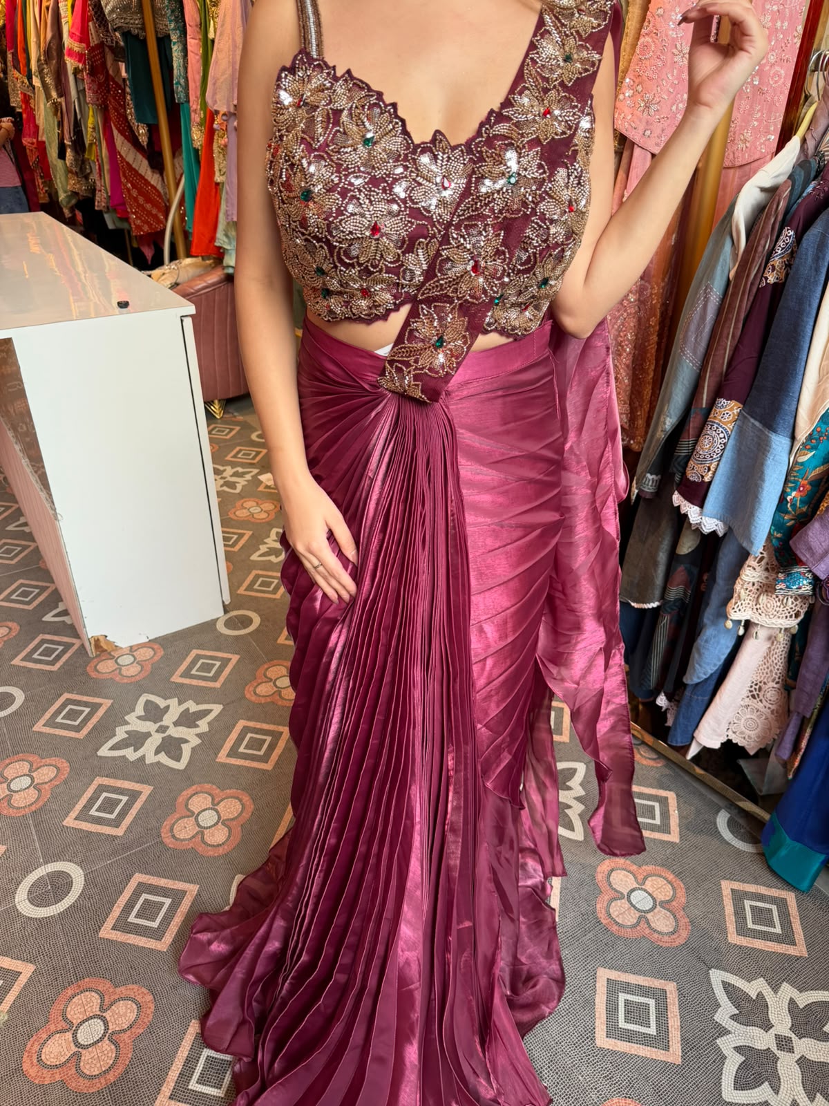 Draped Pre-Pleated Saree with Embellished Blouse