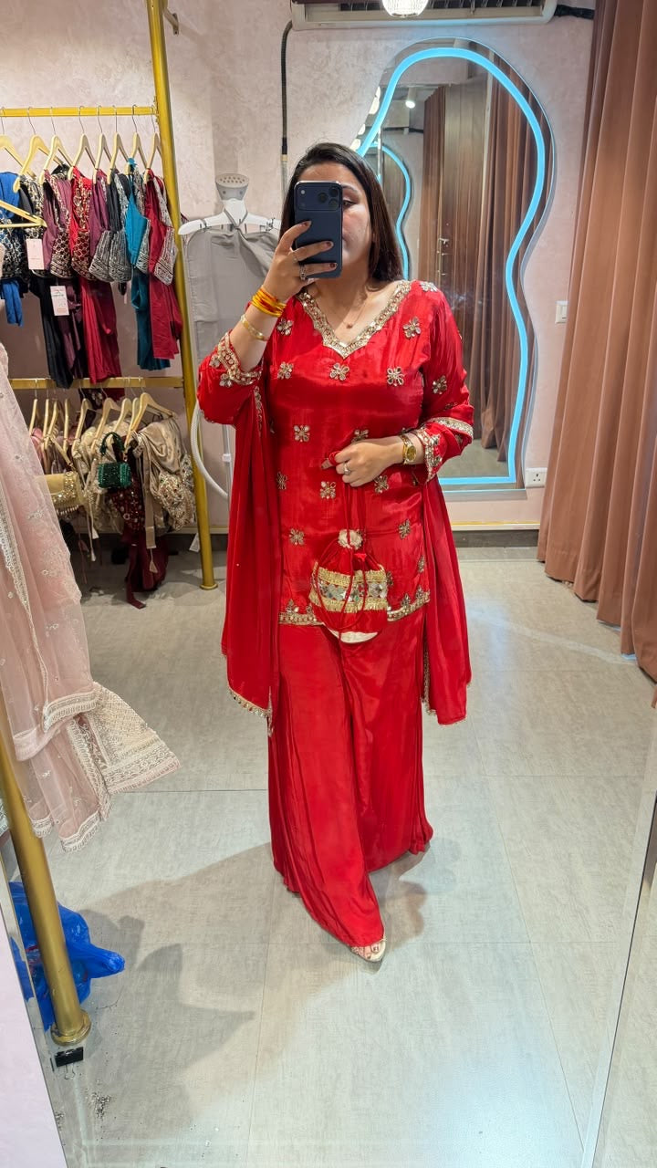 Red Embroidered Straight Kurta with Palazzo Pants & Dupatta Set