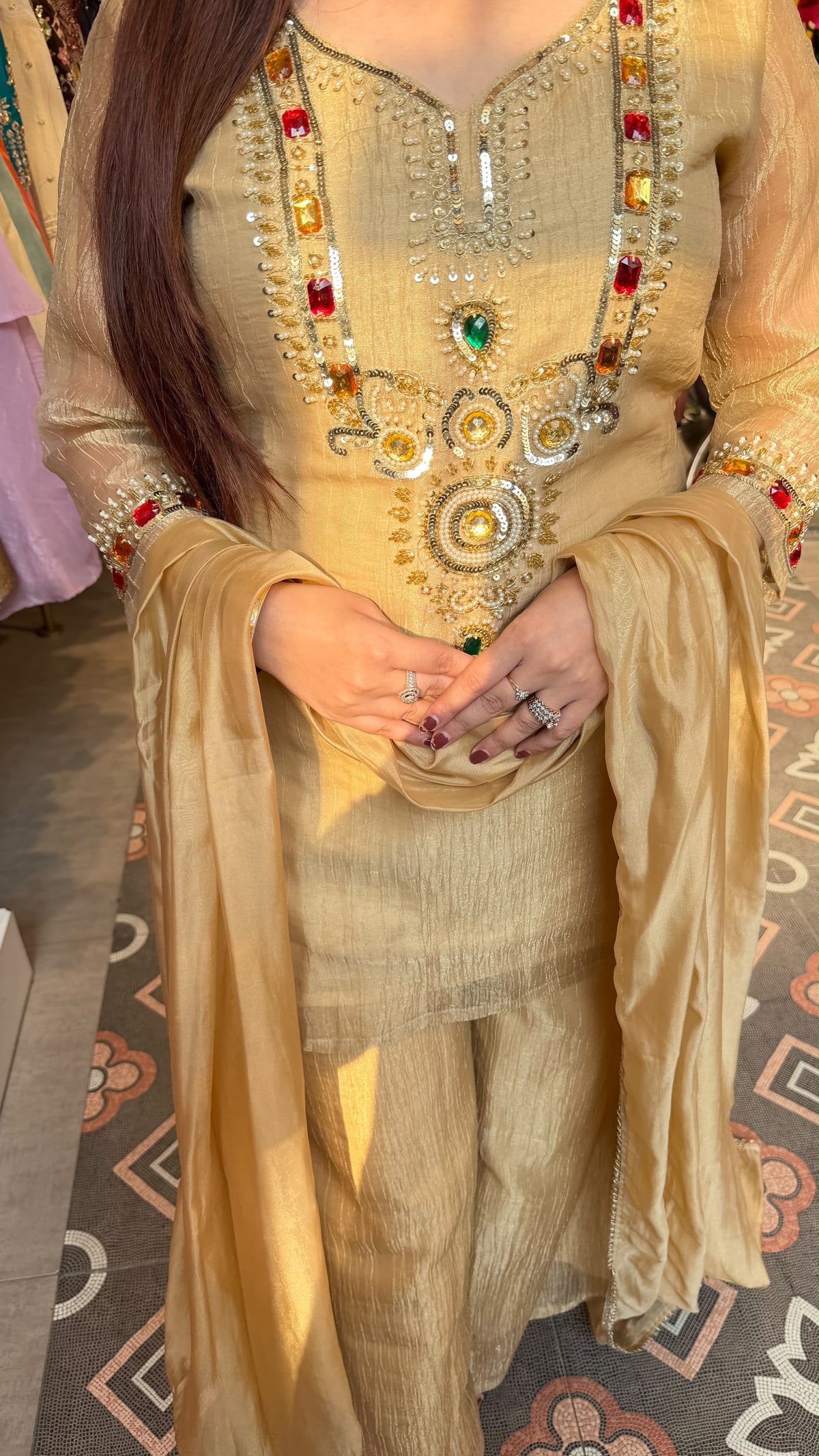 Champagne Gold Embroidered Straight-Cut Suit Set