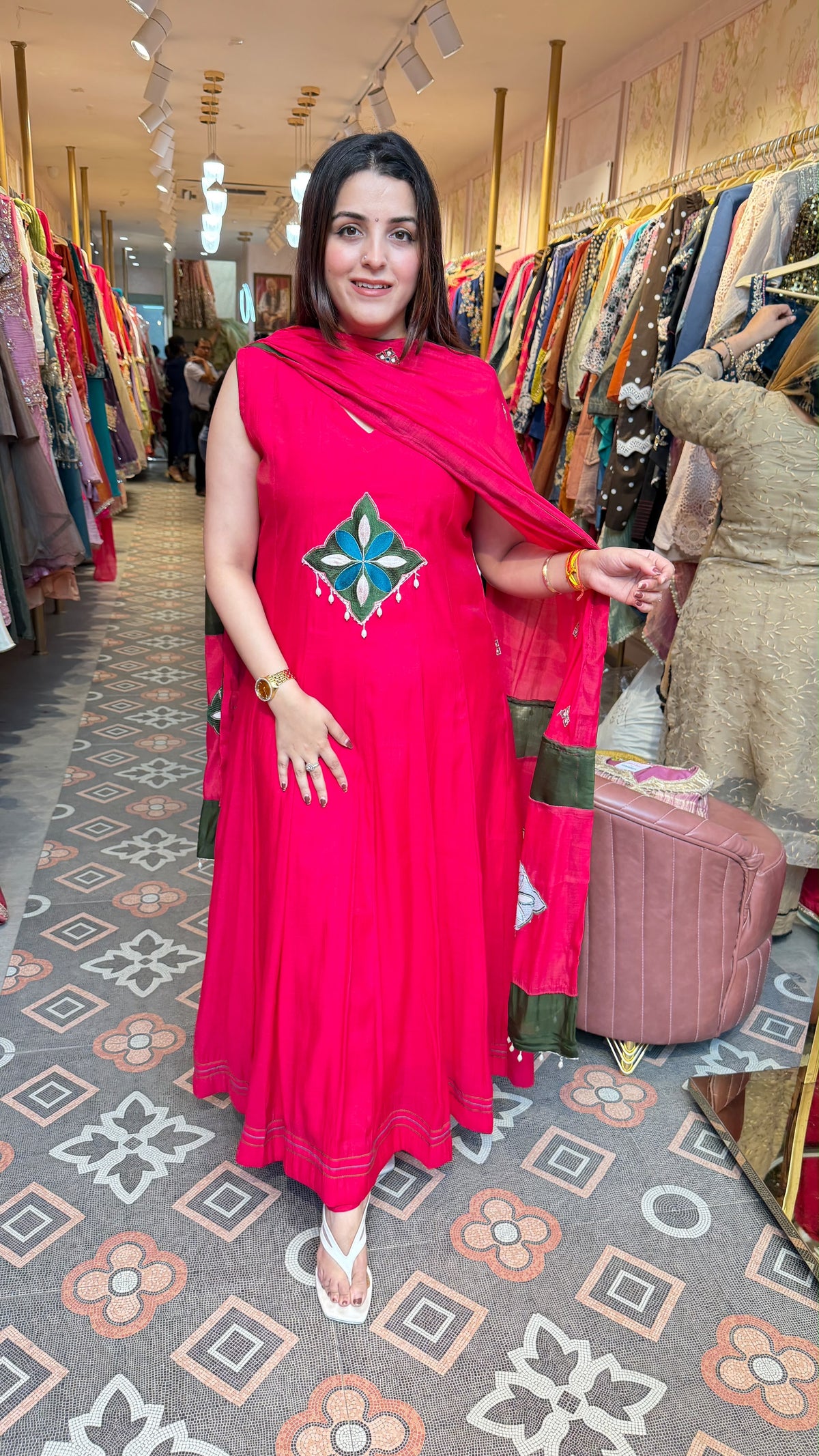 Anarkali Kurta with Appliqué Motif & Contrast Dupatta