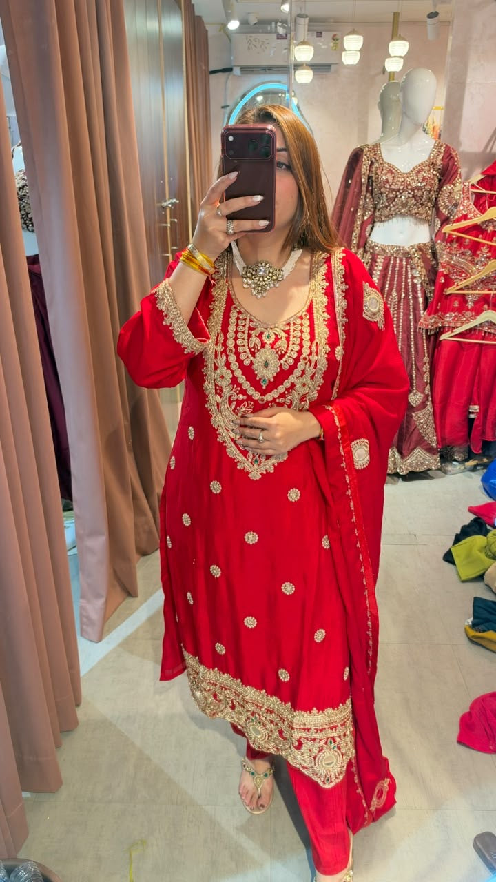 Regal Red Embroidered Straight-Cut Suit