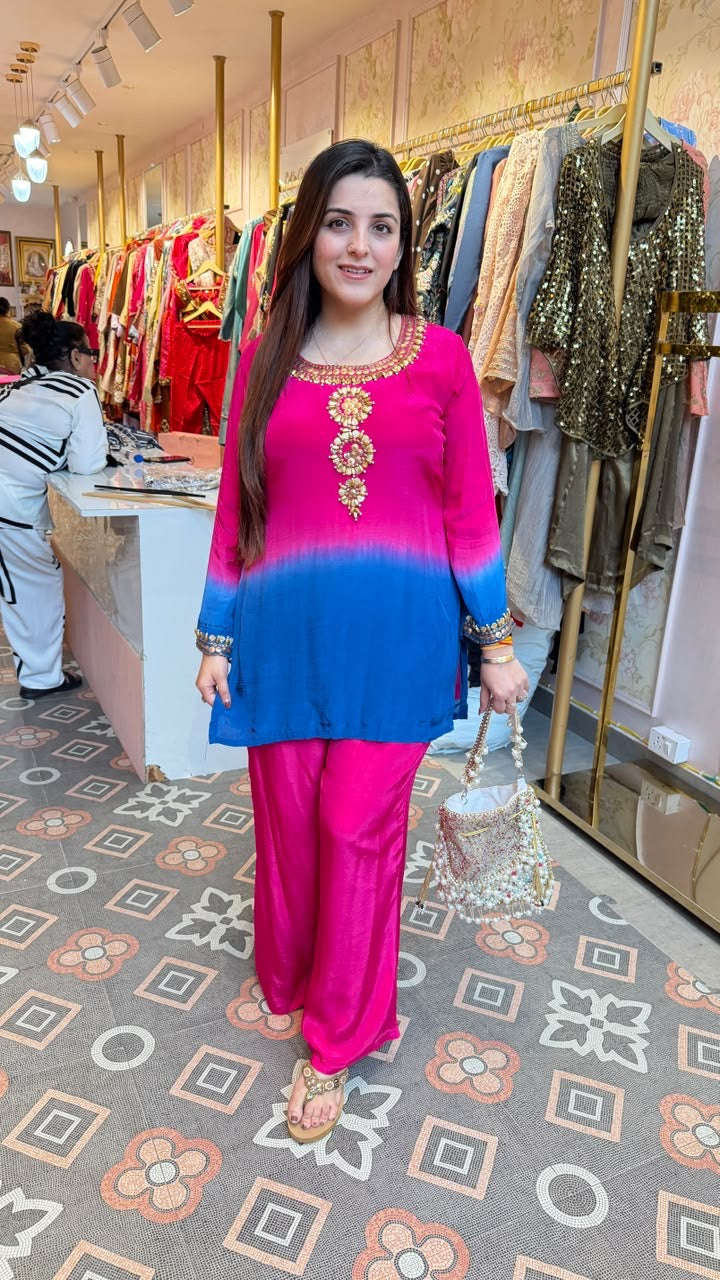 Ombre Pink & Royal Blue Silk Straight Kurta Set