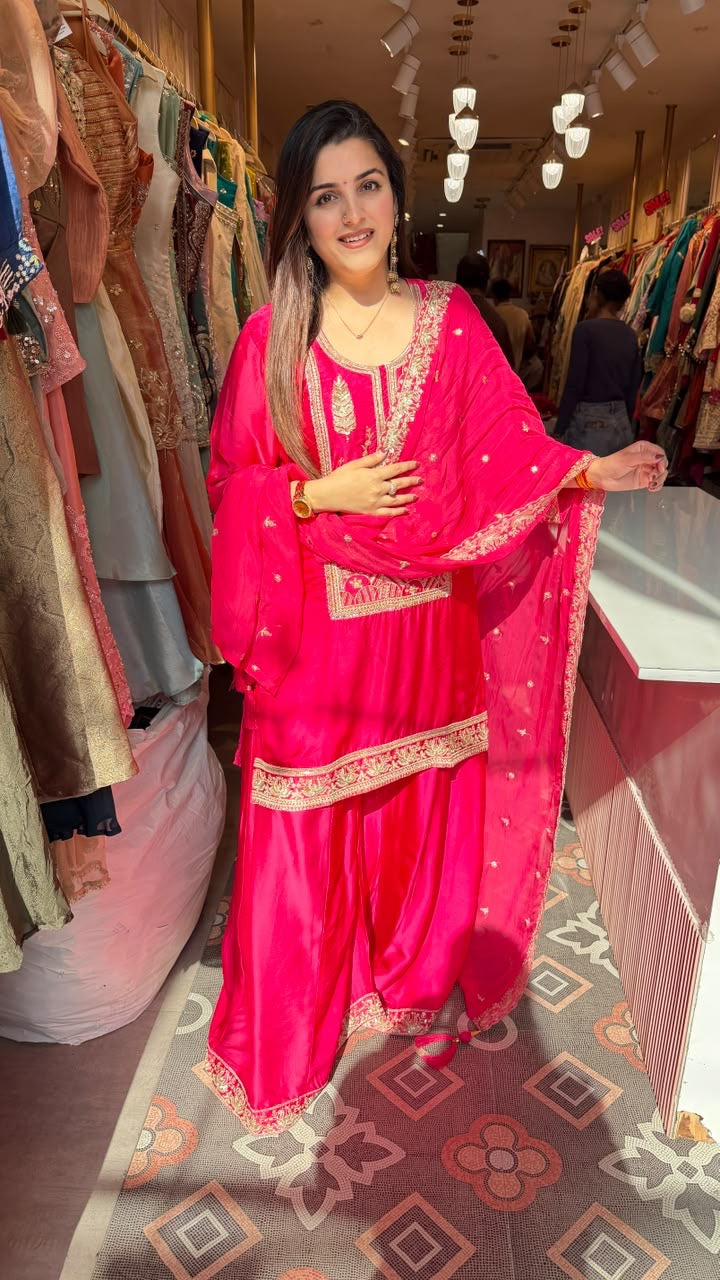 Hot Pink Silk Straight Kurta with Palazzo