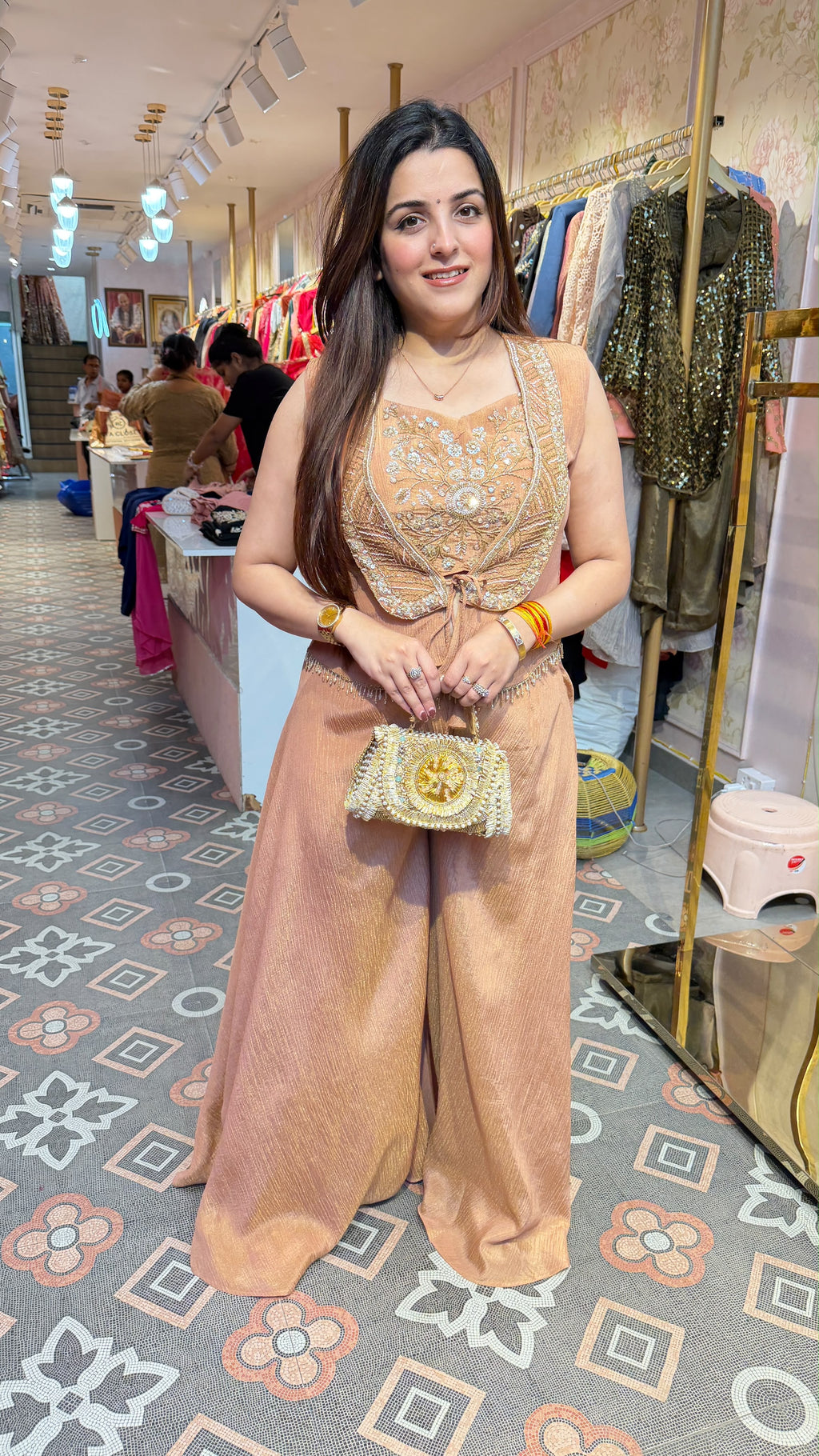 Peach Embroidered Peplum Top with Wide-Leg Palazzo Pants