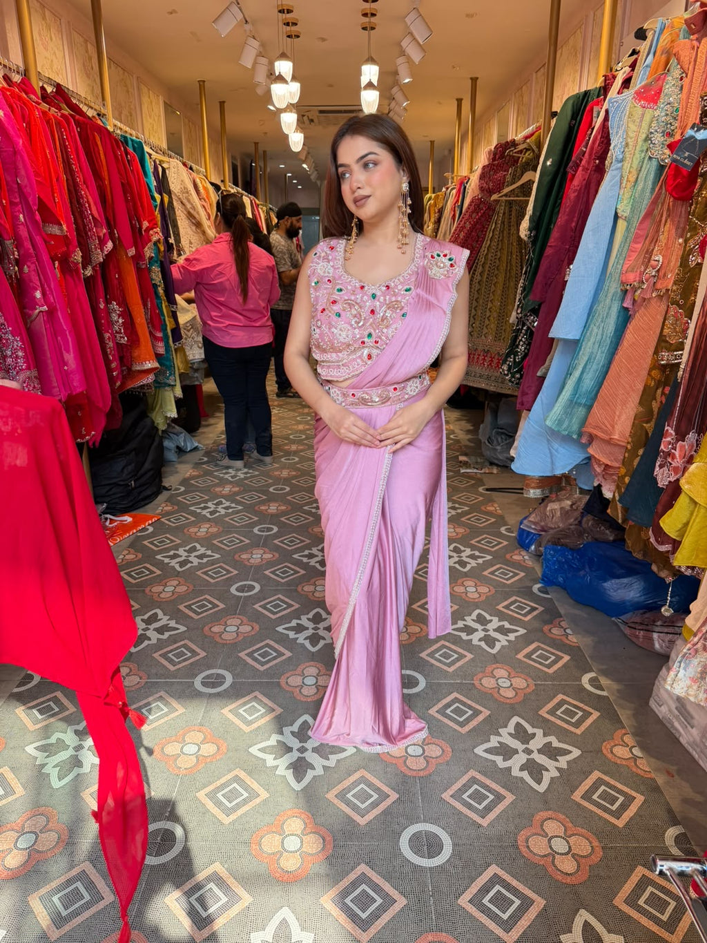 Pastel Pink Pre-Draped Saree with Embellished Sleeveless Blouse