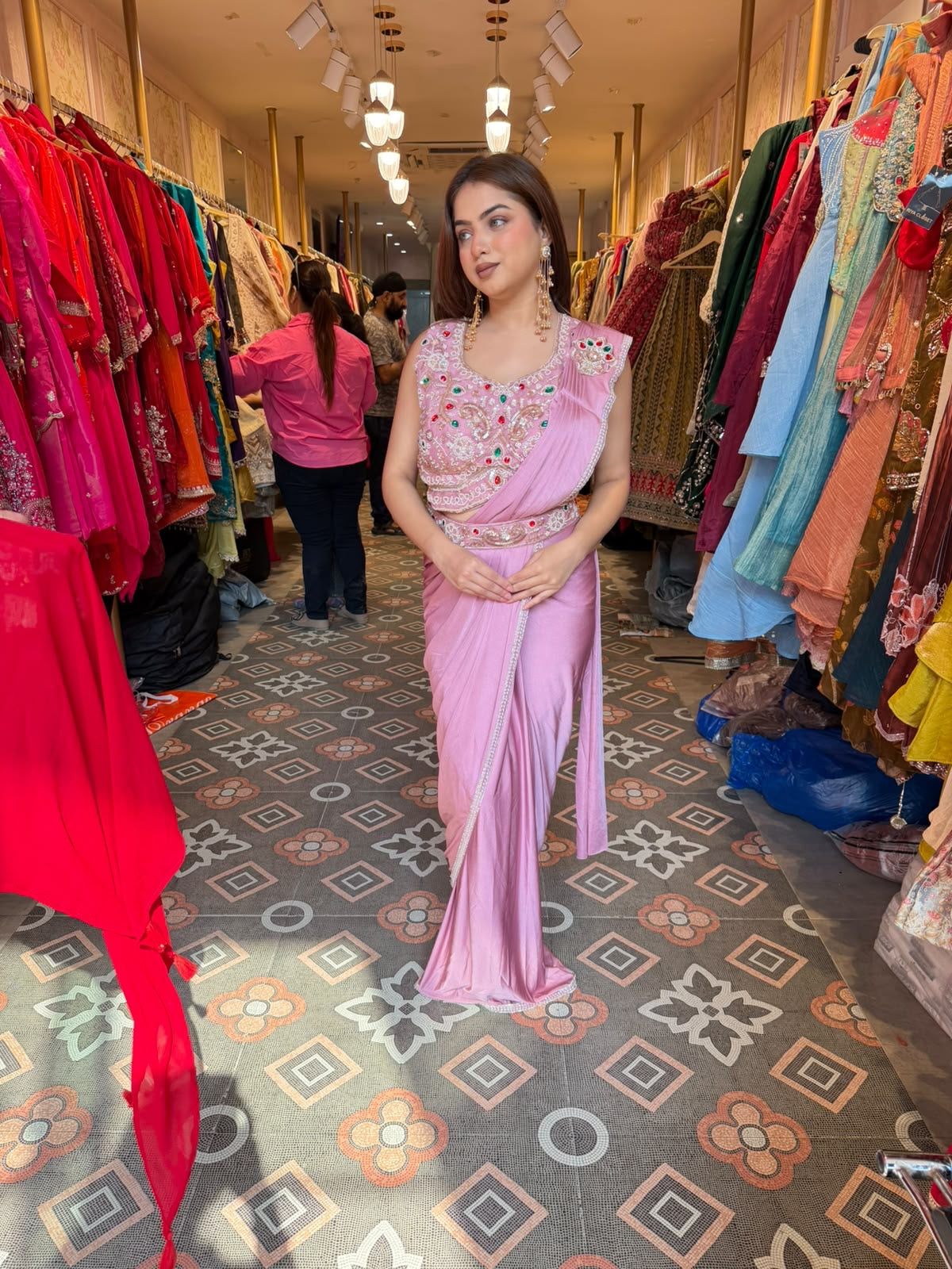 Pastel Pink Pre-Draped Saree with Embellished Sleeveless Blouse