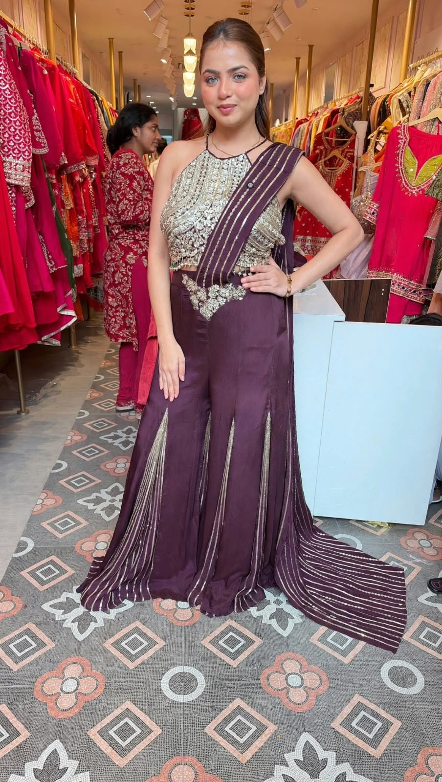 fusion pre-stitched draped saree pant suit.