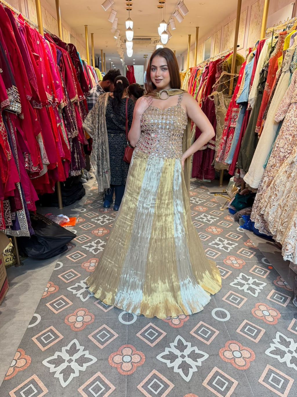 Champagne Gold Mirror-Work Corset Lehenga
