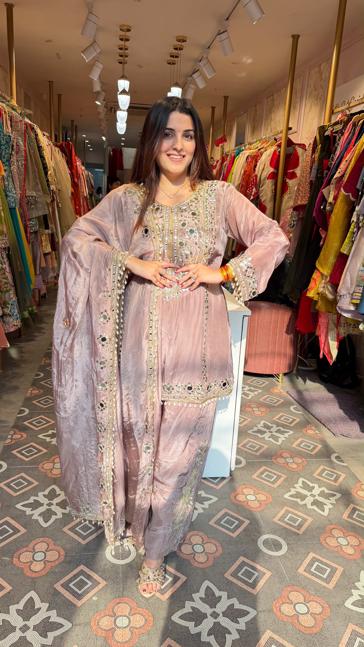 Mirror Embroidered Straight-Cut Suit with Palazzo Pants