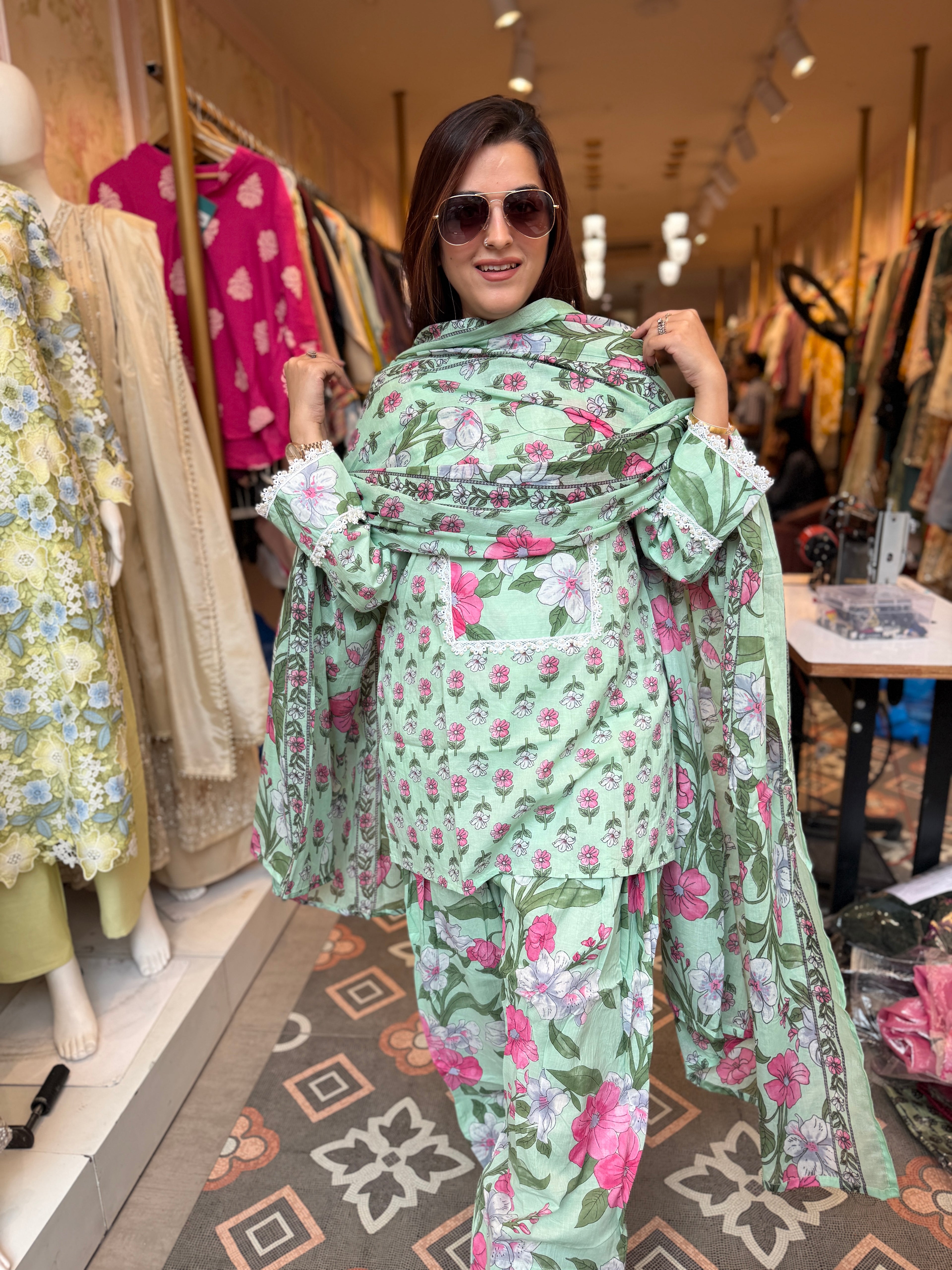Mint Blossom Printed Lawn Suit with Chiffon Dupatta
