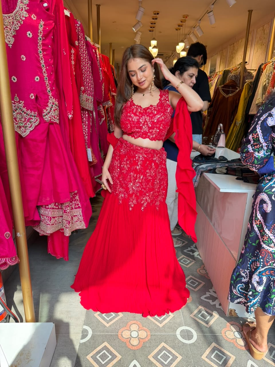 Red Embroidered Lehenga Choli with Dupatta