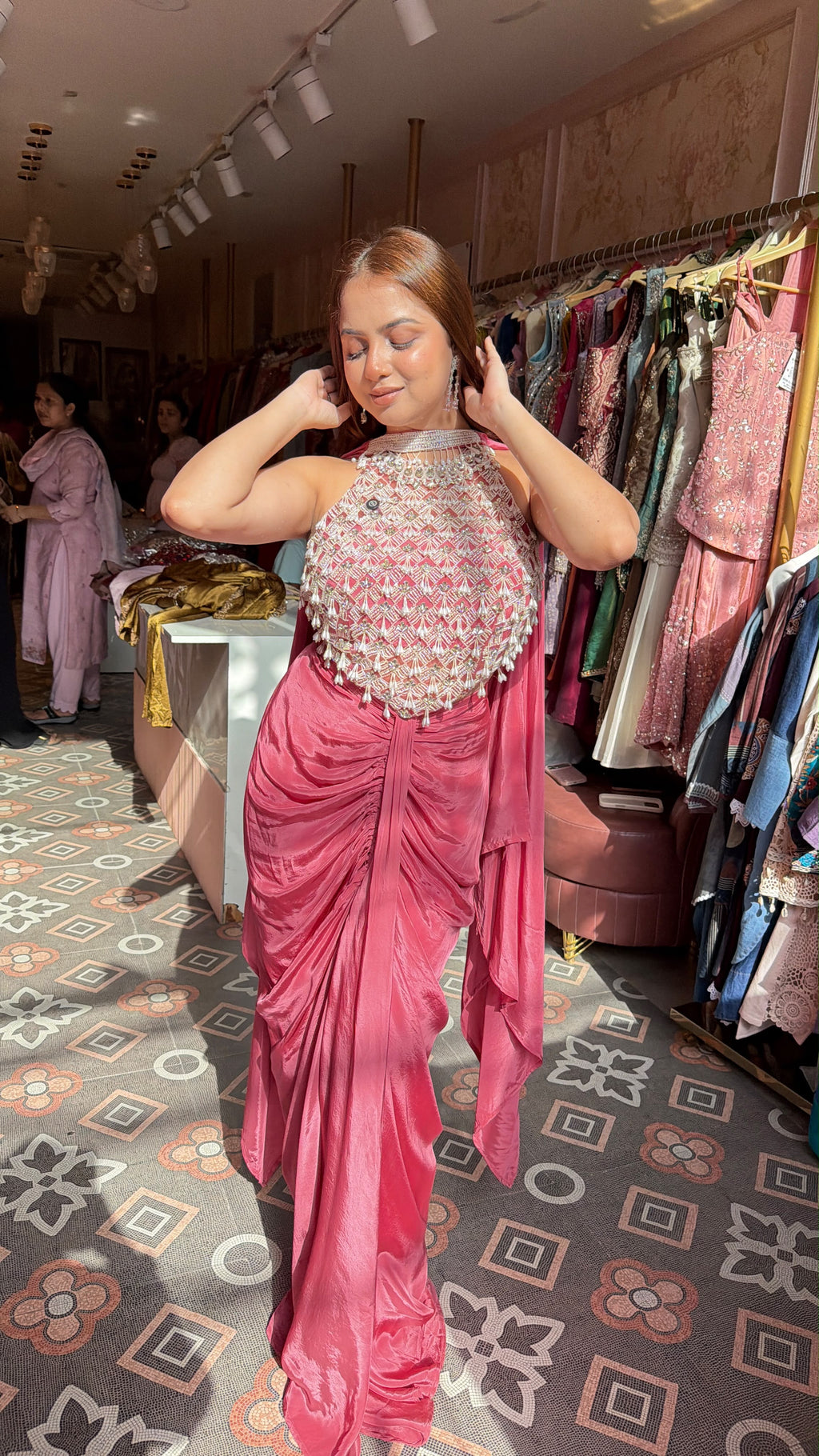 Draped Dhoti-Style Saree Set with Embellished Halter Top