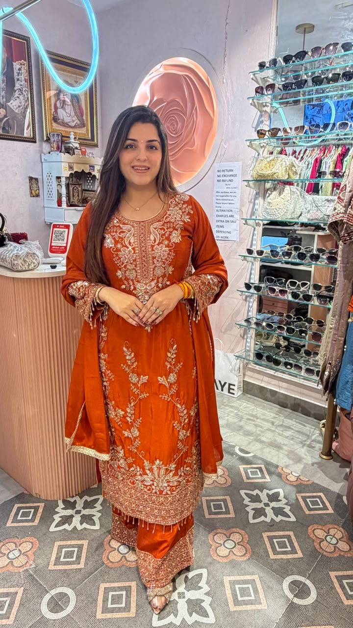 Embroidered Straight Kurta with Palazzo Pants & Dupatta