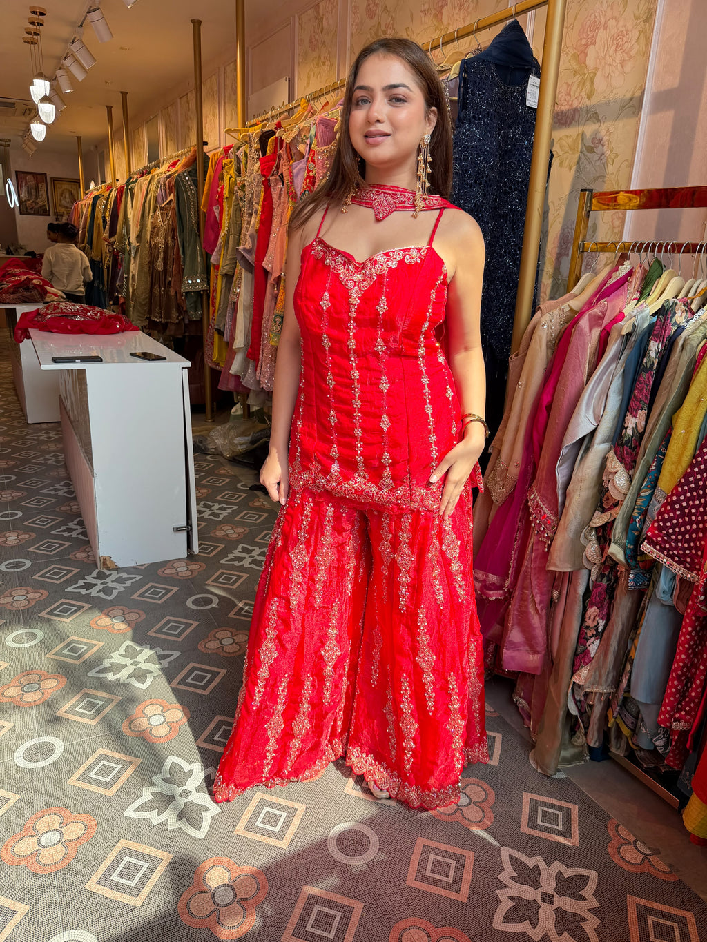 Red Embroidered Sharara Suit with Sleeveless Peplum Top