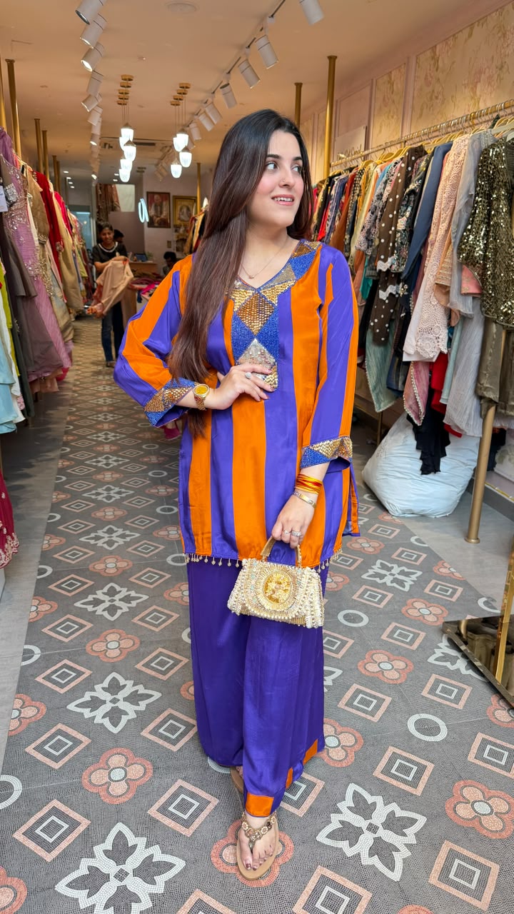 Royal Blue & Orange Contemporary Kurta–Palazzo Set