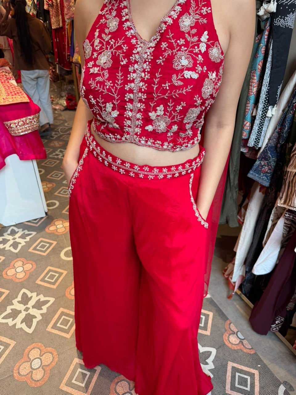 Hot Pink Embroidered Halter-Neck Crop Top & Palazzo Set with Dupatta
