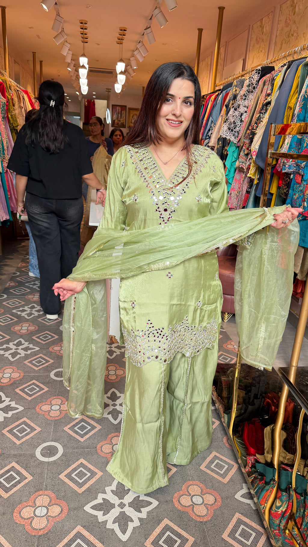 Chikankari-Style Kurta with Palazzo Pants & Dupatta Set