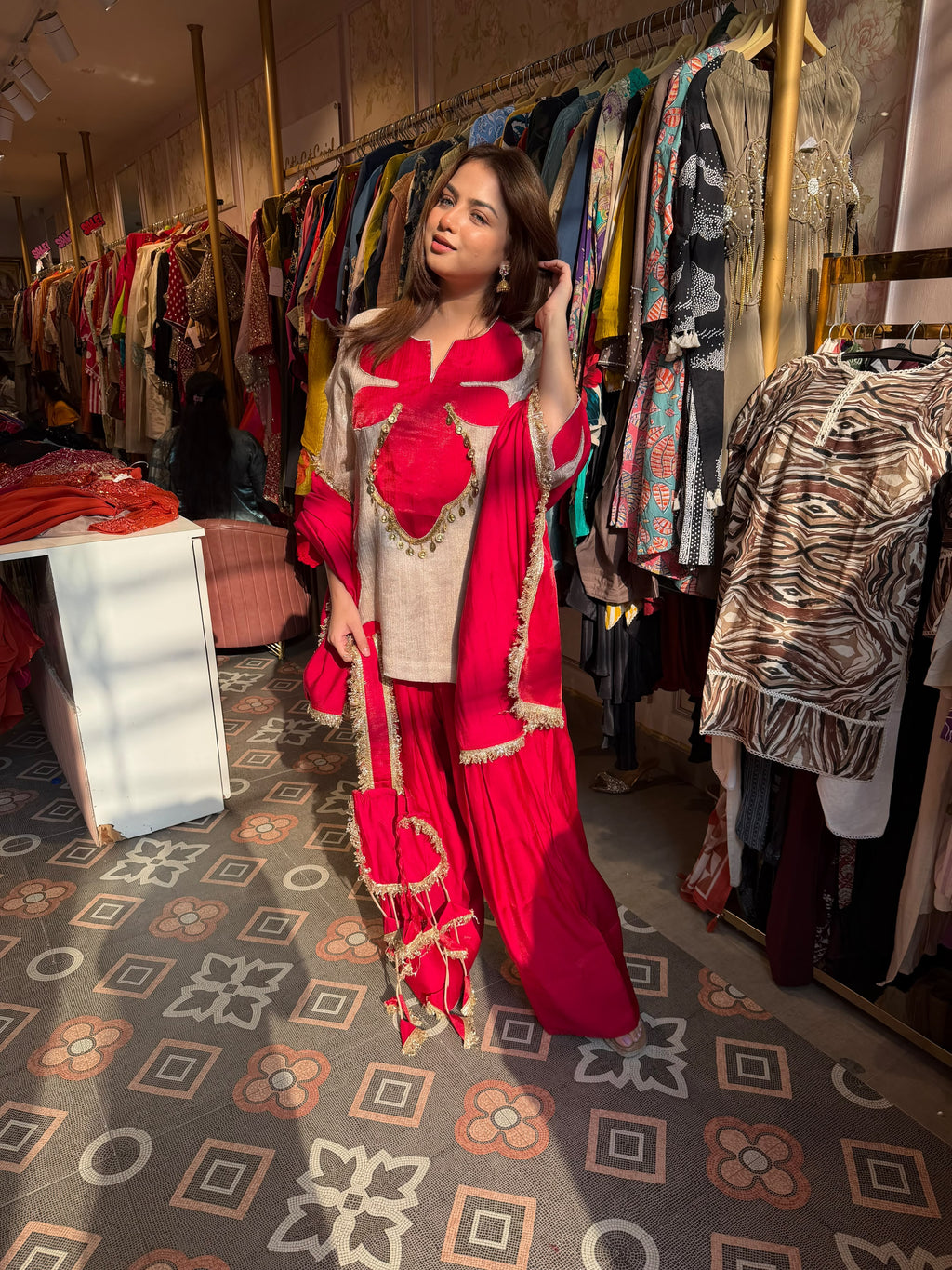 Fuchsia Peplum Kurta with Gharara & Dupatta Set