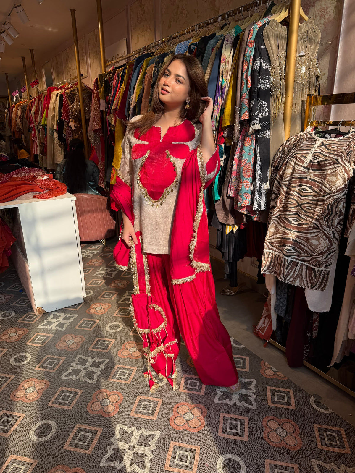 Fuchsia Peplum Kurta with Gharara & Dupatta Set