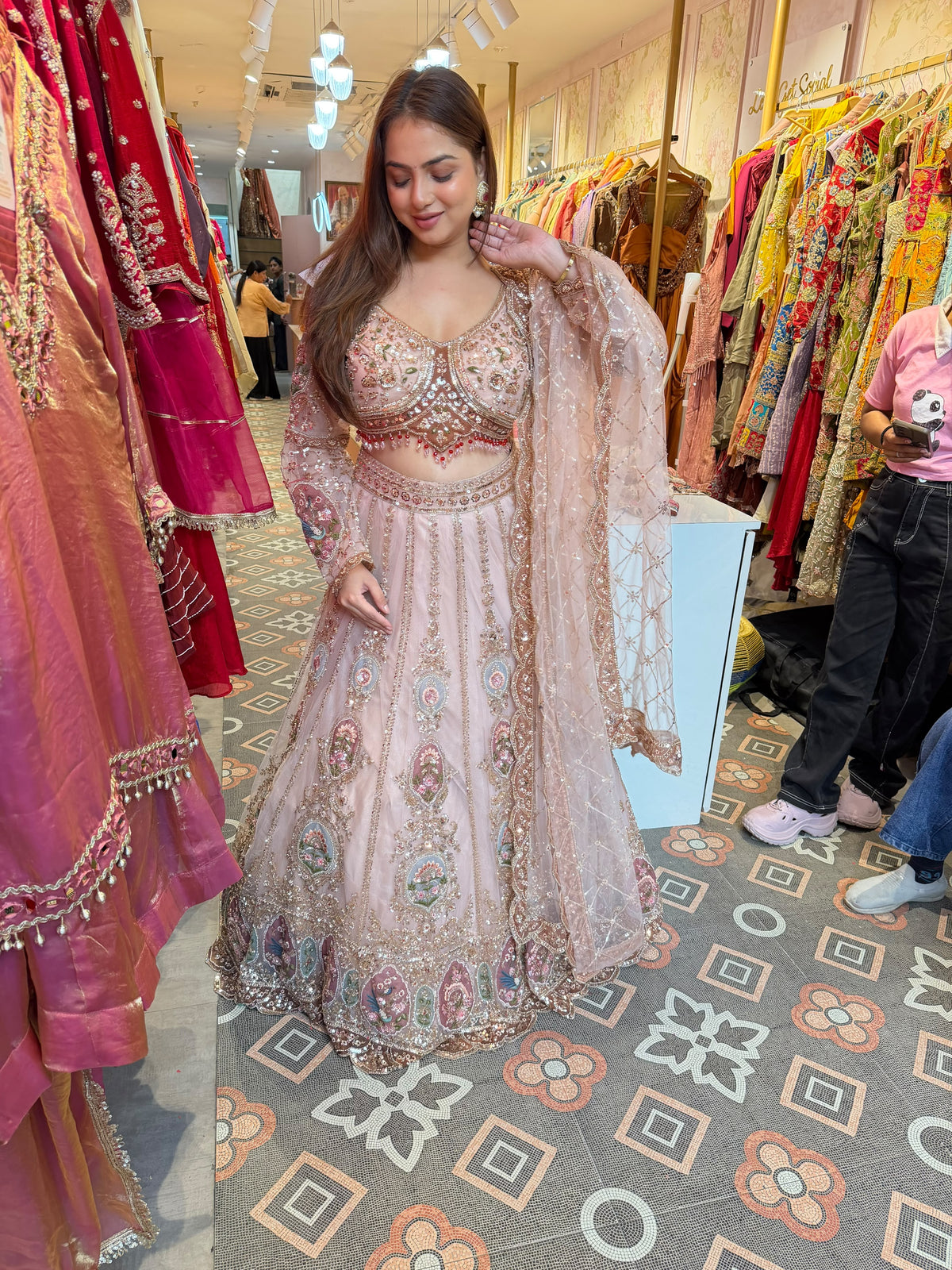 Dusty Rose with Multicolour Floral Accents  Embroidered Lehengap