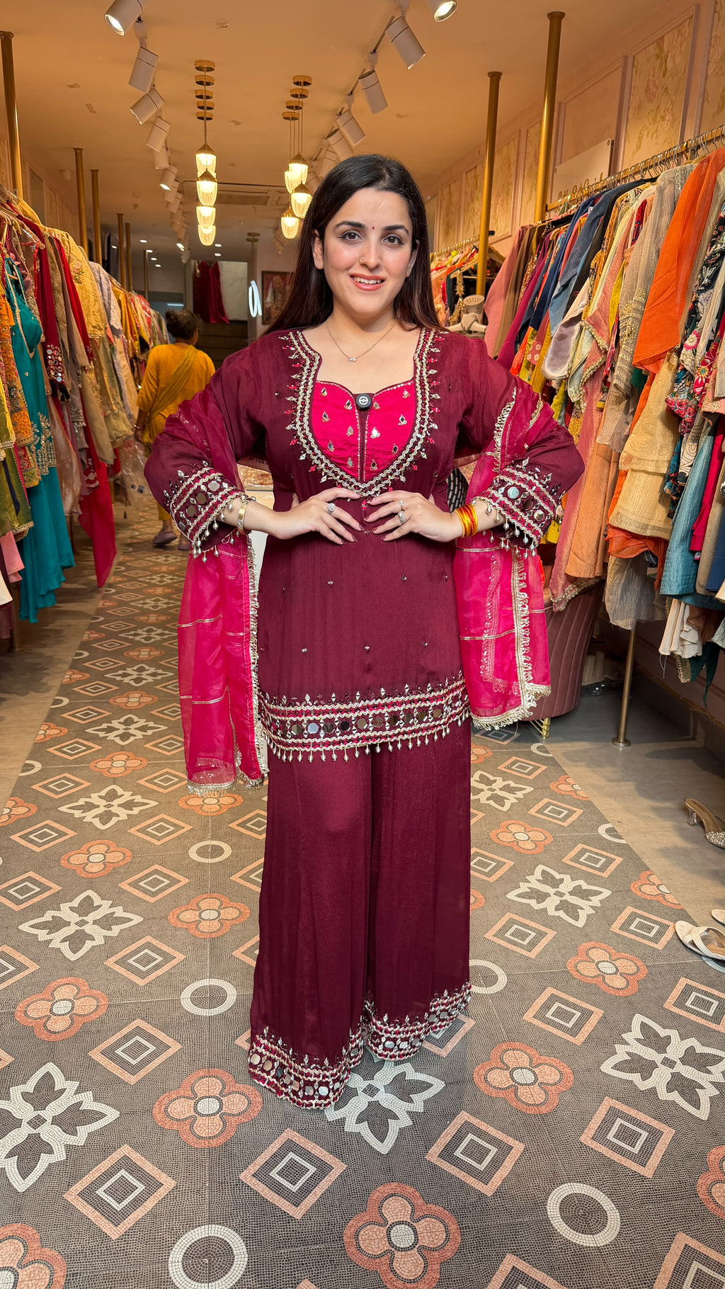 Mahogany Embroidered Straight Kurta with Palazzo Pants & Dupatta Se