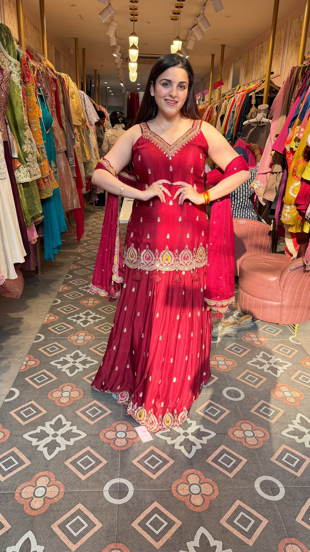 Red Embroidered Peplum Sharara Set / Short Kurta Sharara Set