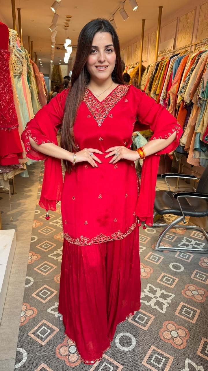 Red Embroidered Peplum Kurta with Sharara Set