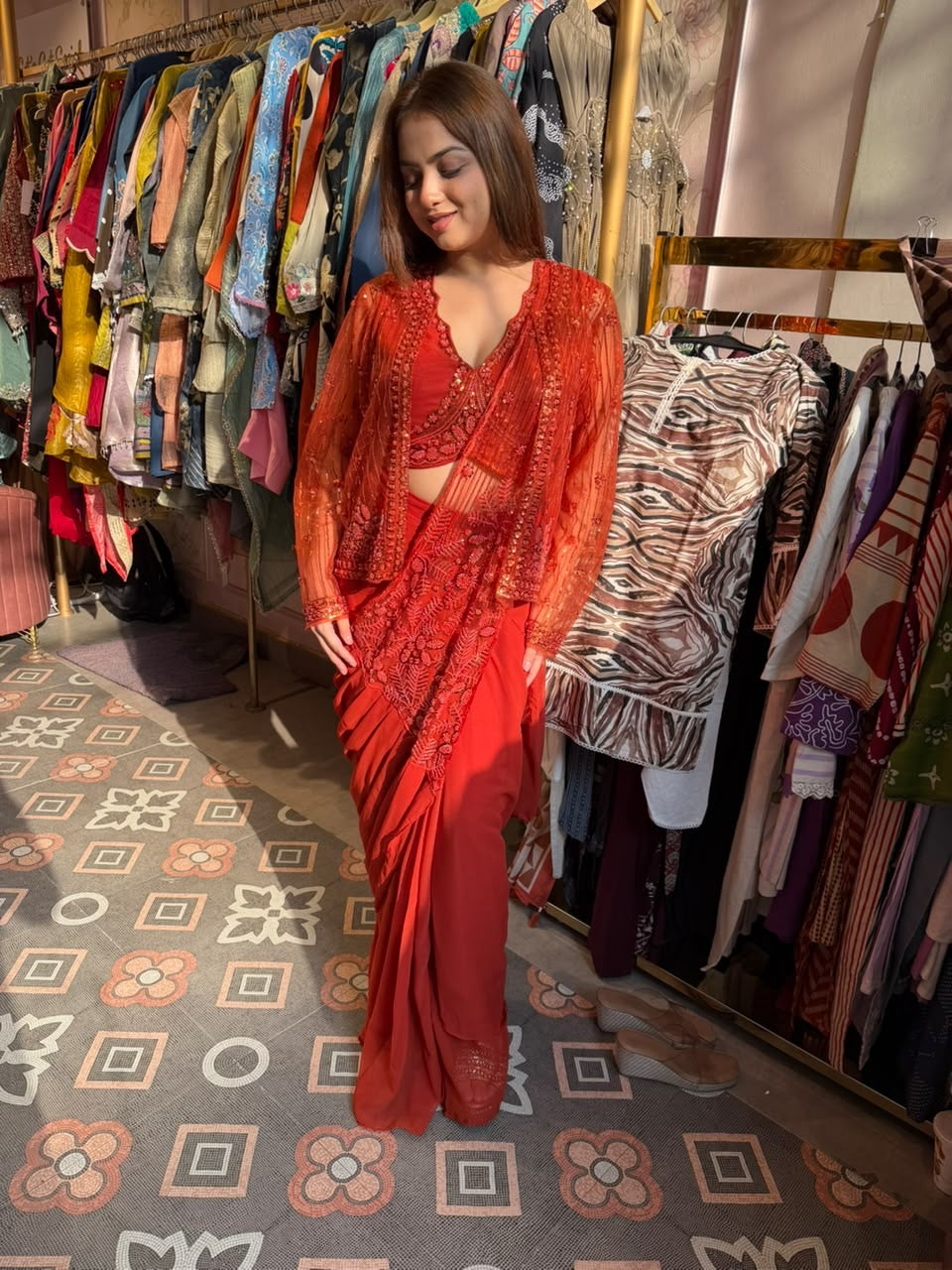 Coral Draped Saree with Embroidered Blouse & Jacket