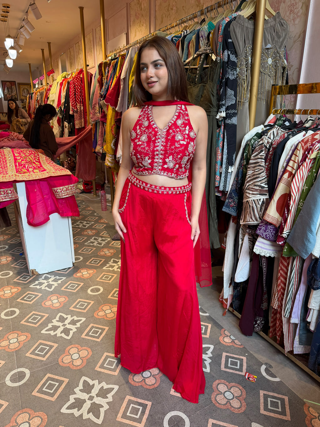 Hot Pink Embroidered Halter-Neck Crop Top & Palazzo Set with Dupatta