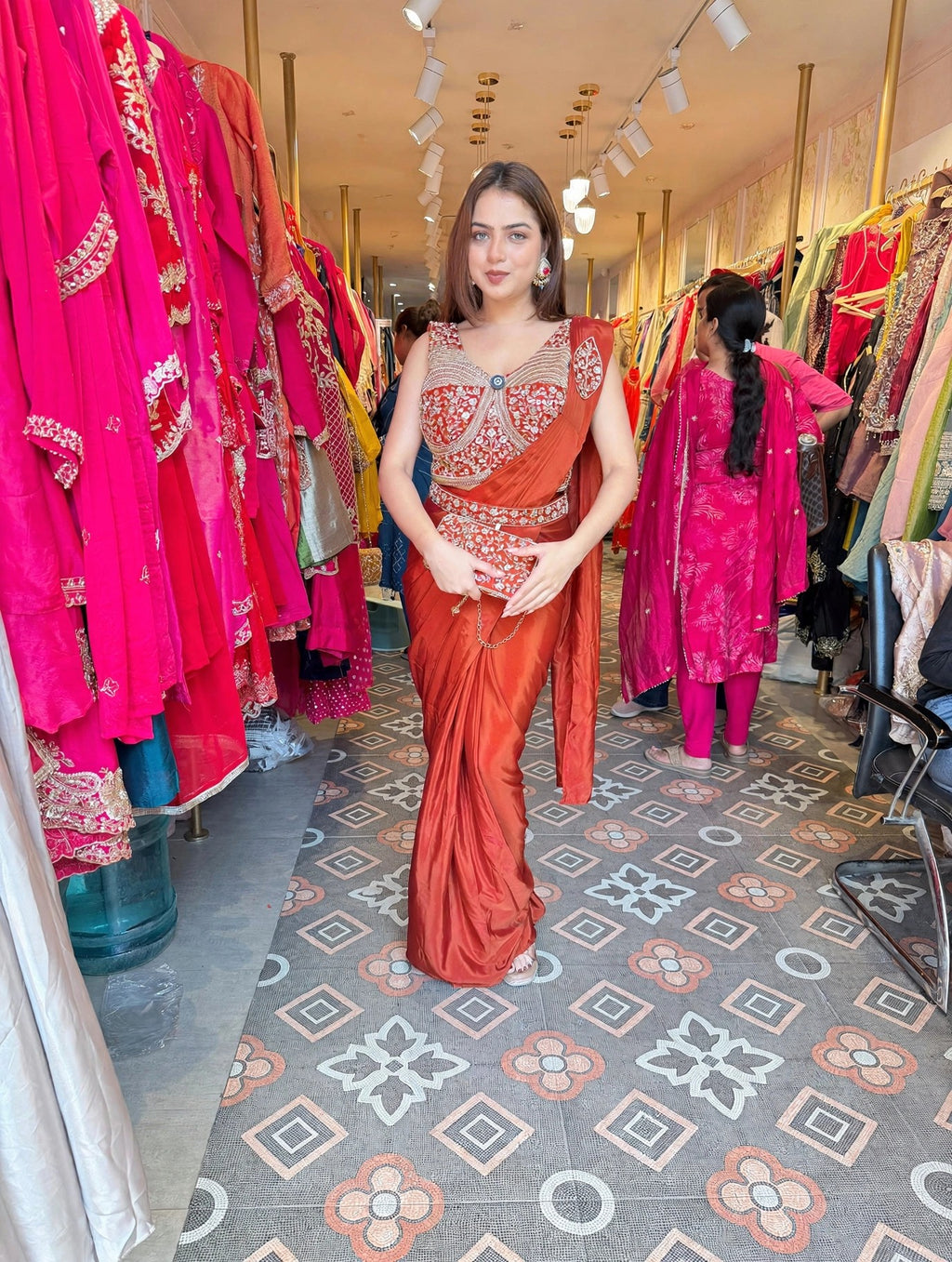 Hot Pink Embroidered Saree with Designer Corset Blouse