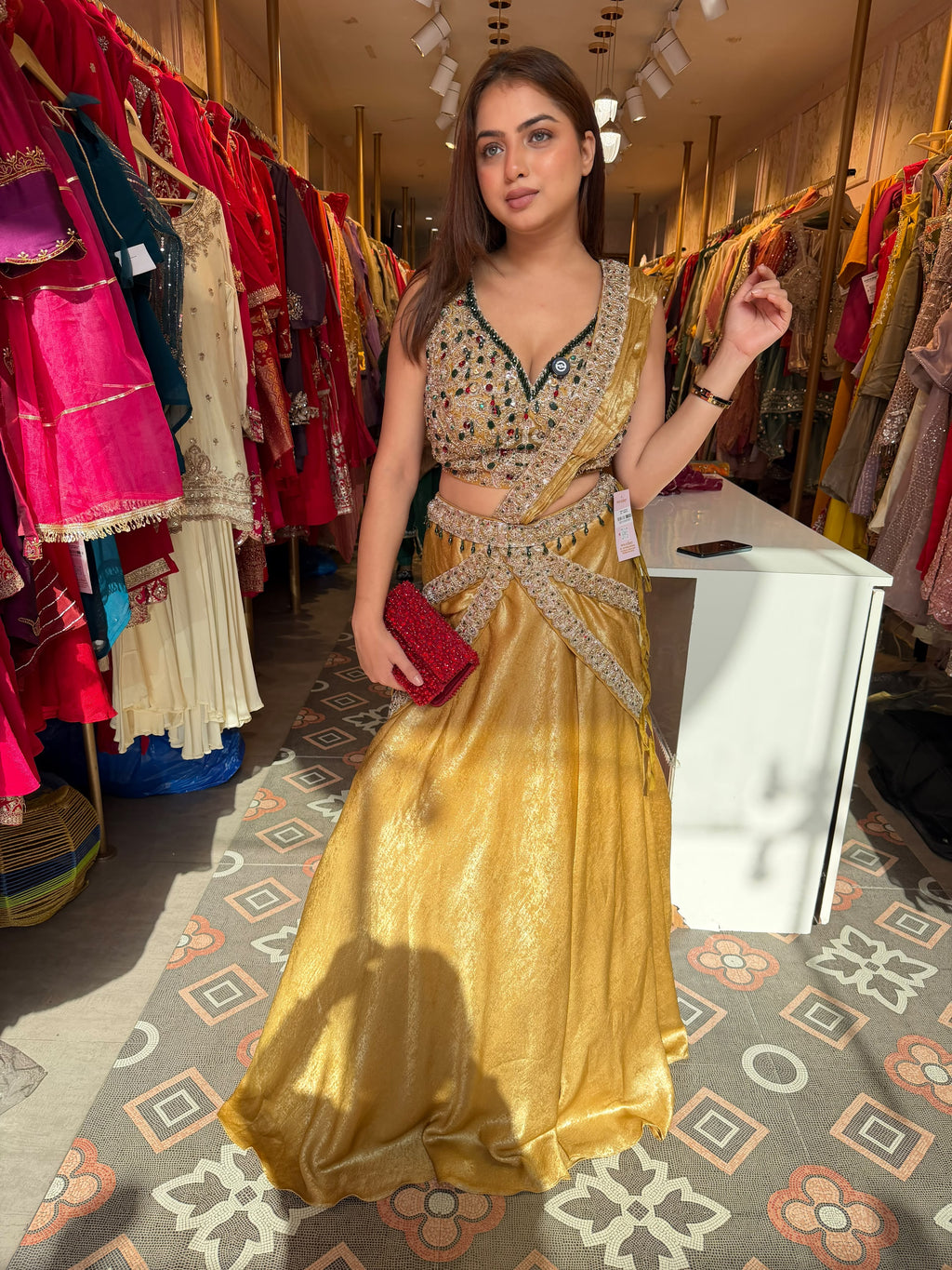 Designer Golden Lehenga with Embellished Crop Blouse and Draped Dupatta