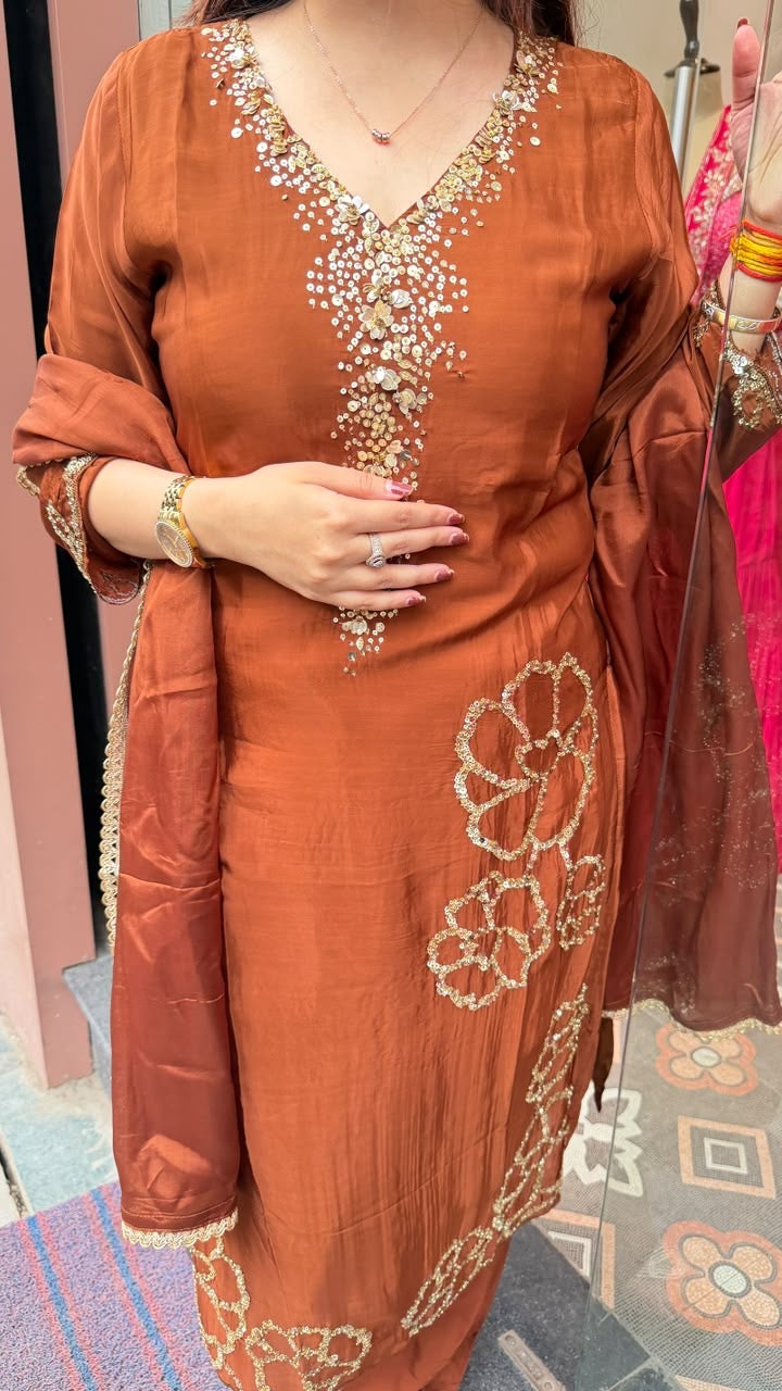 Rust Brown Straight-Cut Kurta Set with Floral Cutwork Embroidery