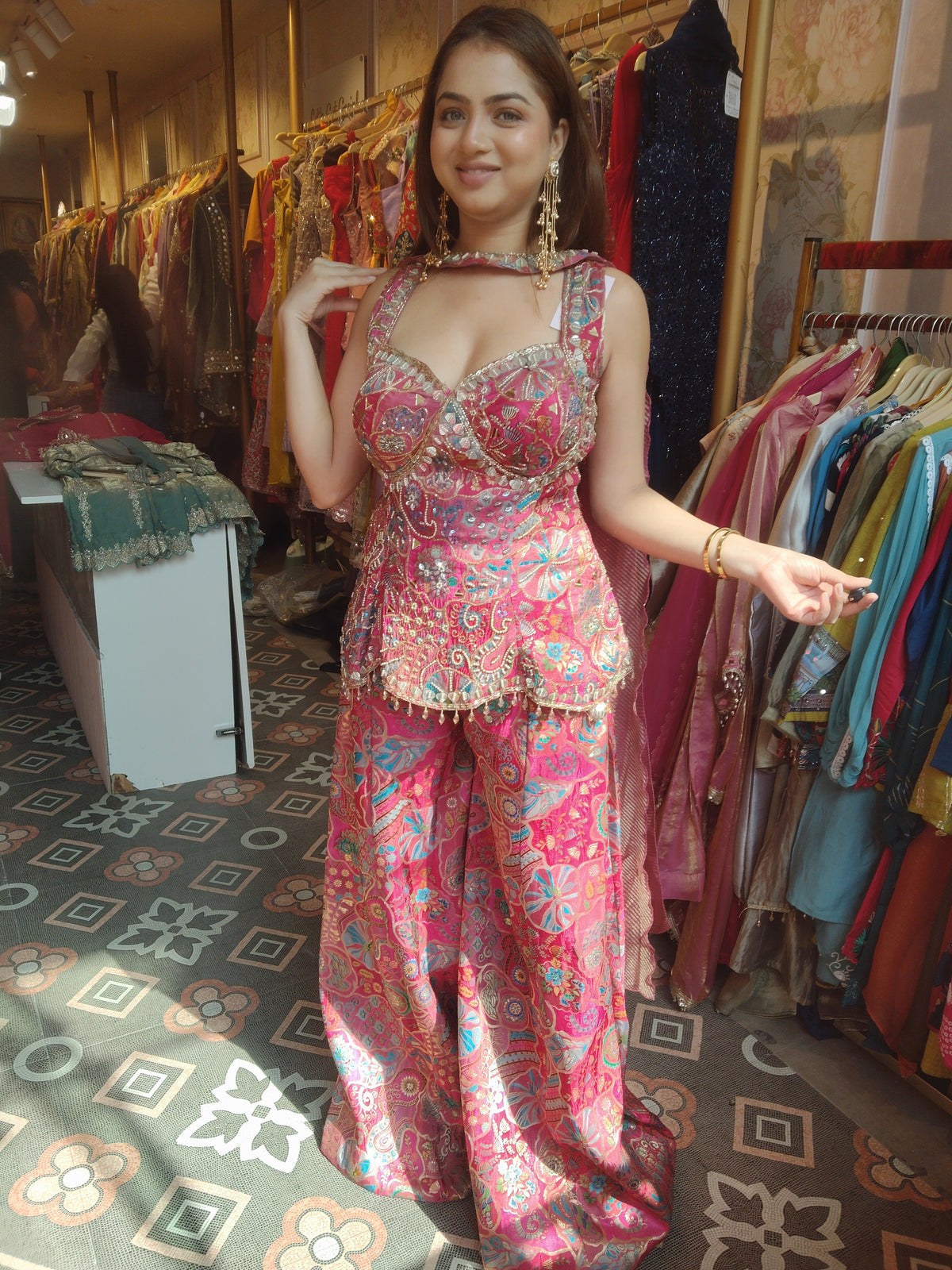 Embroidered Peplum Palazzo Co-ord Set with Dupatta