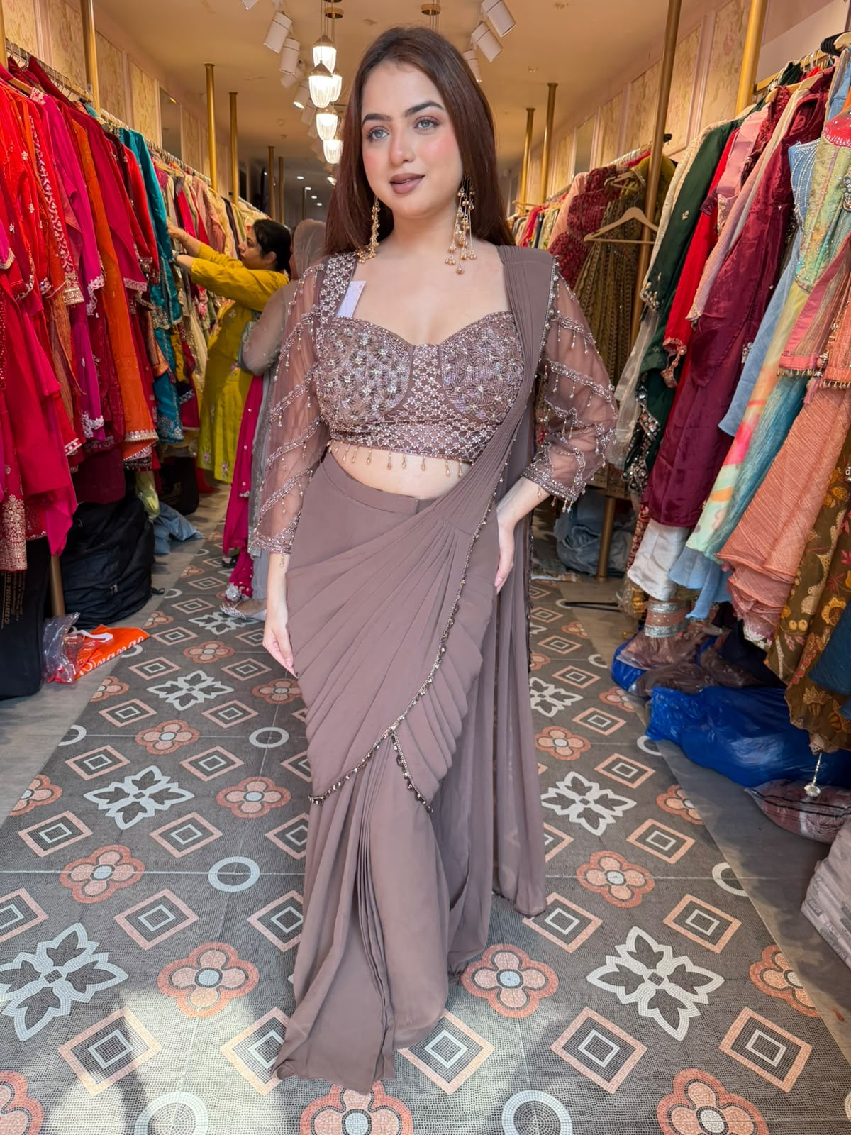 Elegant Pre-Draped Saree Gown with Embellished Blouse