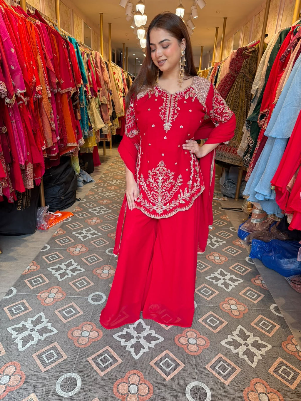 Elegant Red Embroidered Straight-Cut Suit with Sharara