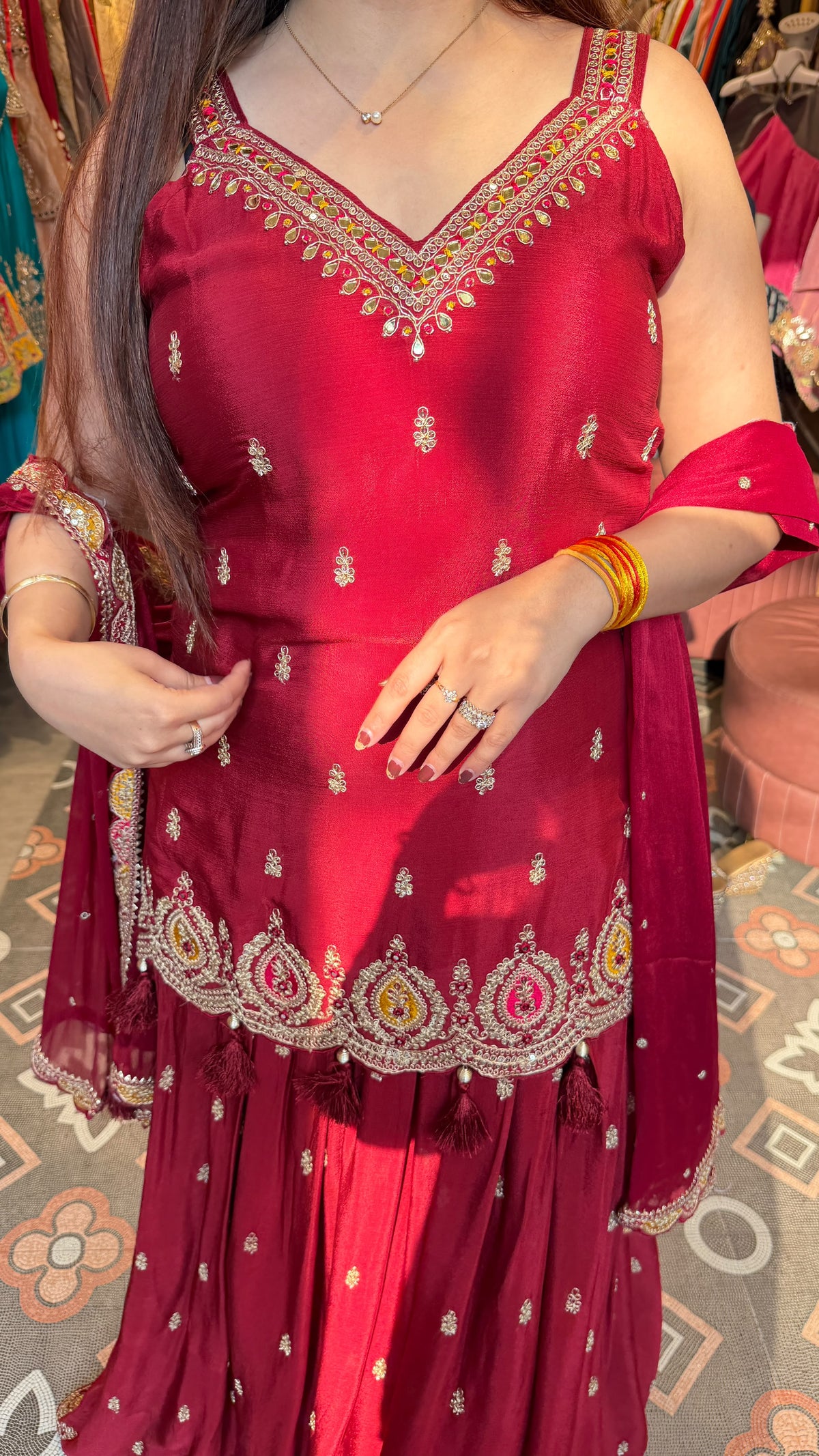 Red Embroidered Peplum Sharara Set / Short Kurta Sharara Set