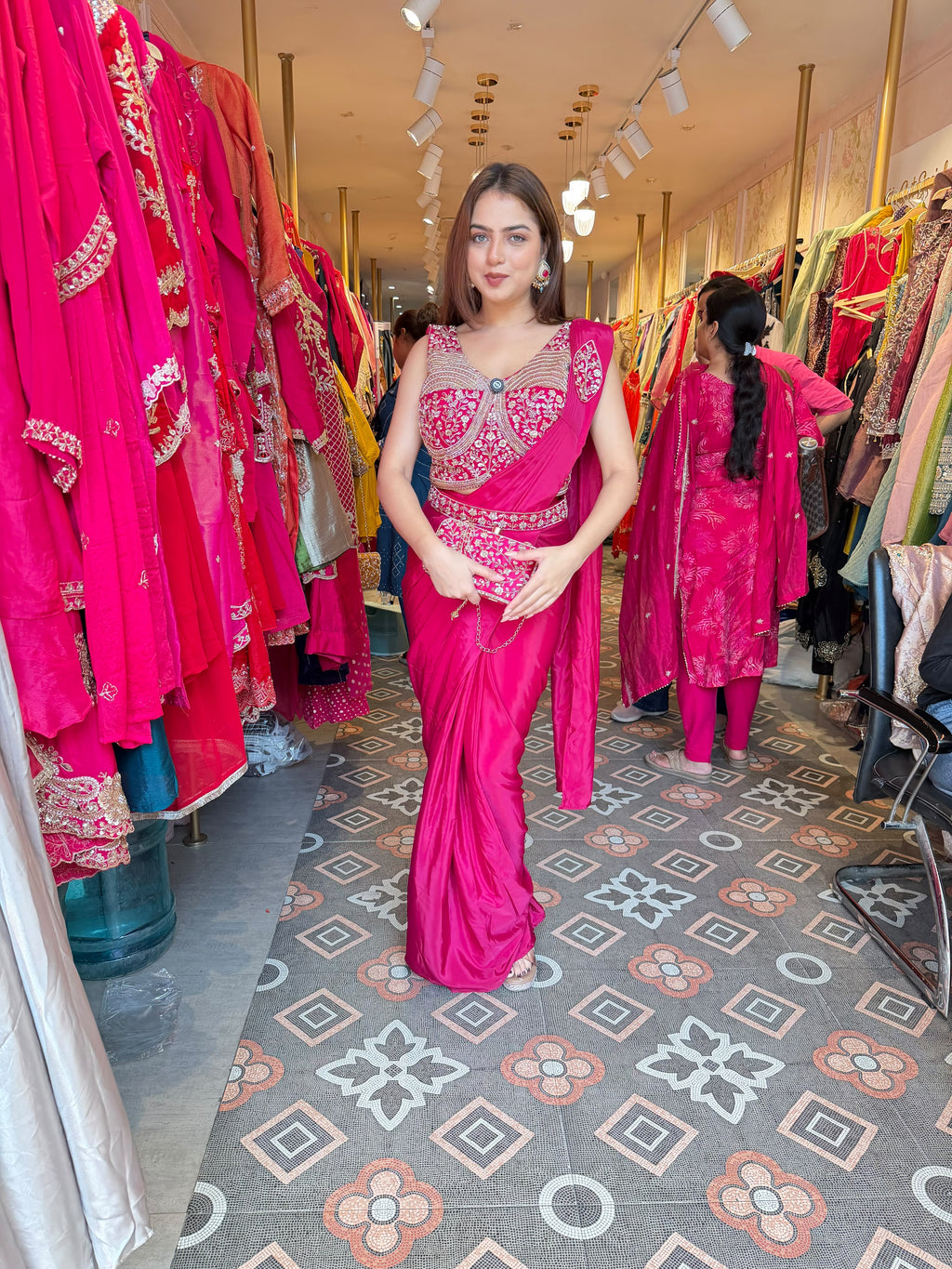 Hot Pink Embroidered Saree with Designer Corset Blouse