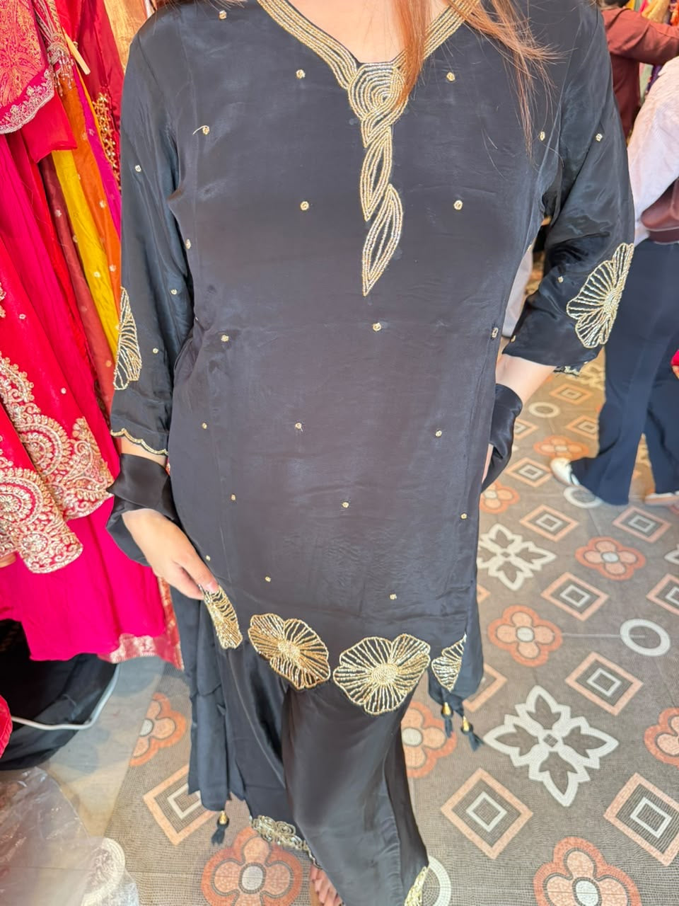 Elegant Black Charcoal Embroidered Straight-Cut Suit Set