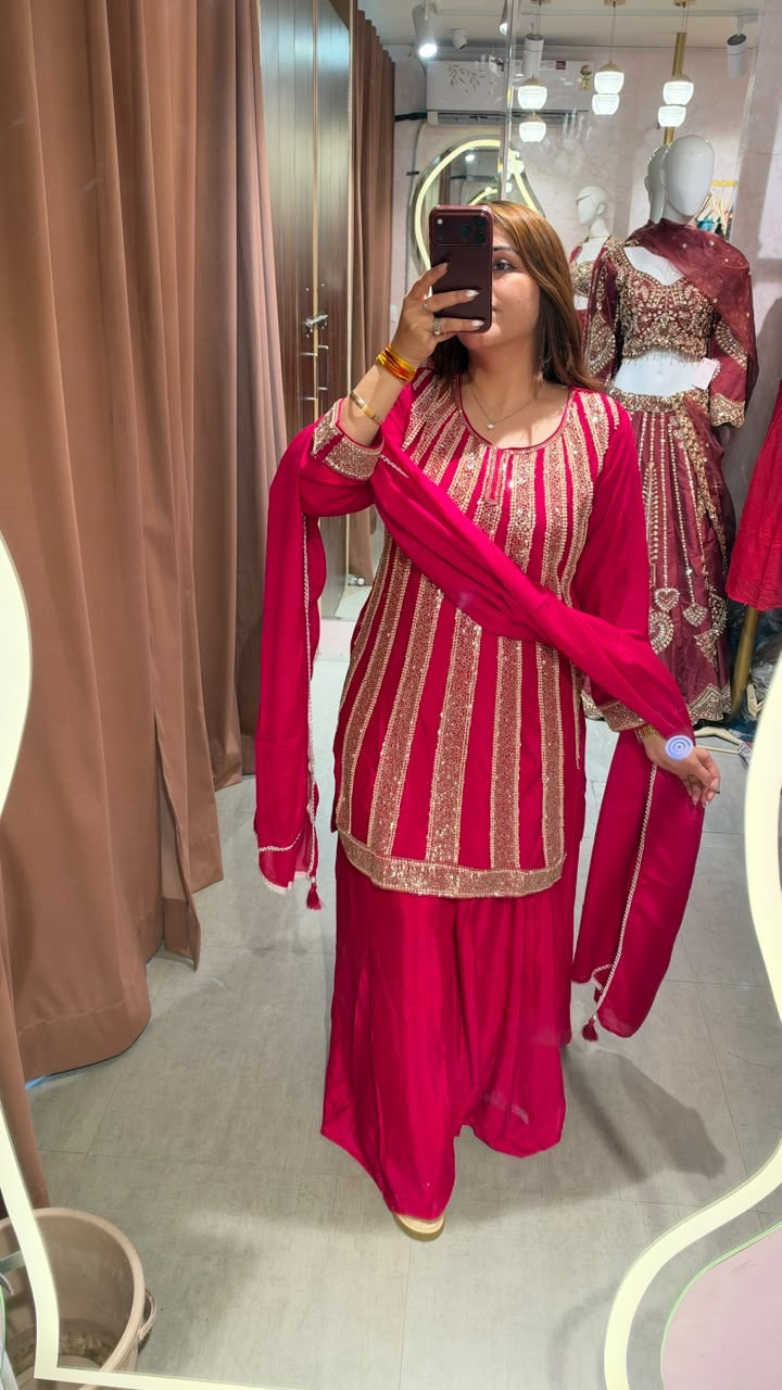 Gold Work Embroidered Kurti with Sharara and Dupatta