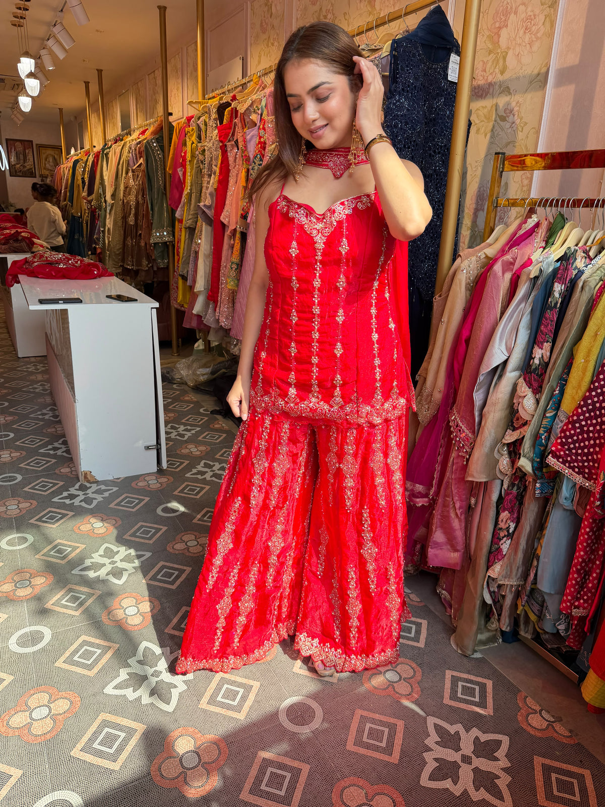 Red Embroidered Sharara Suit with Sleeveless Peplum Top