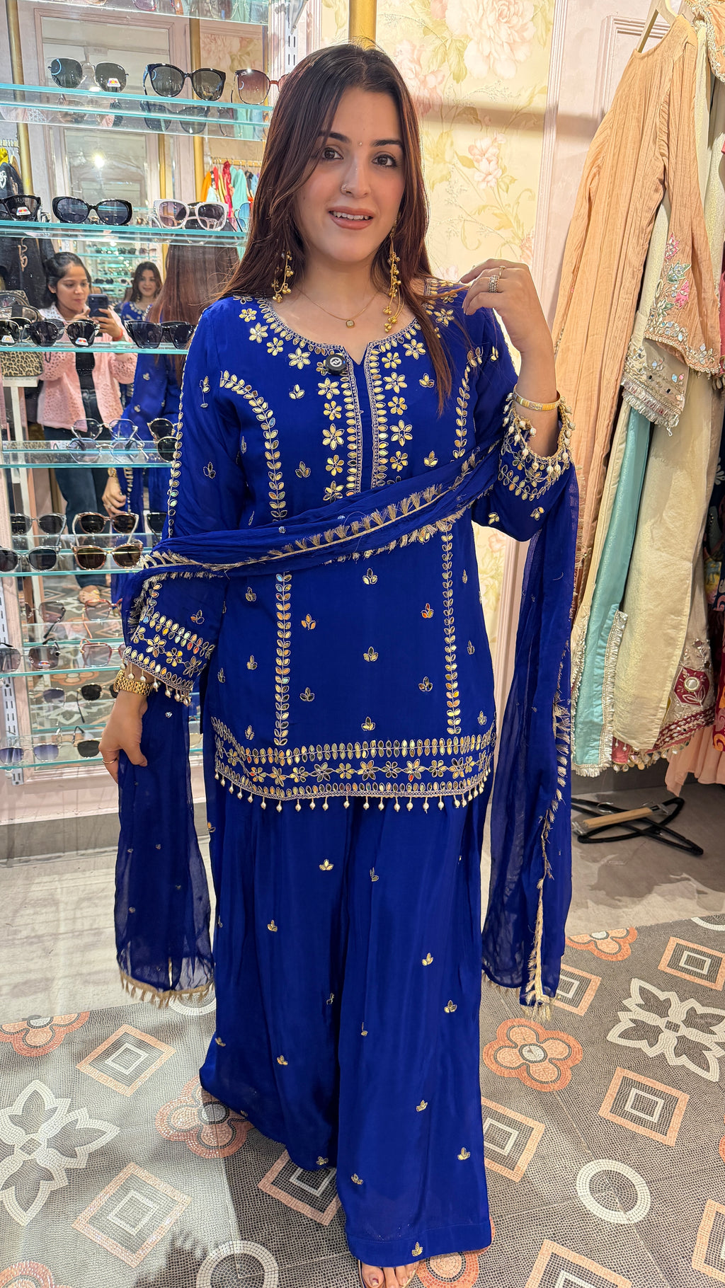 Royal Blue Embroidered Sharara Suit Set with Dupatta